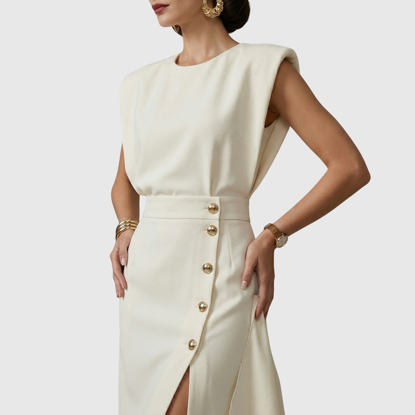 Robe midi femme sans manches ceinturée fente avant fermeture boutonnée