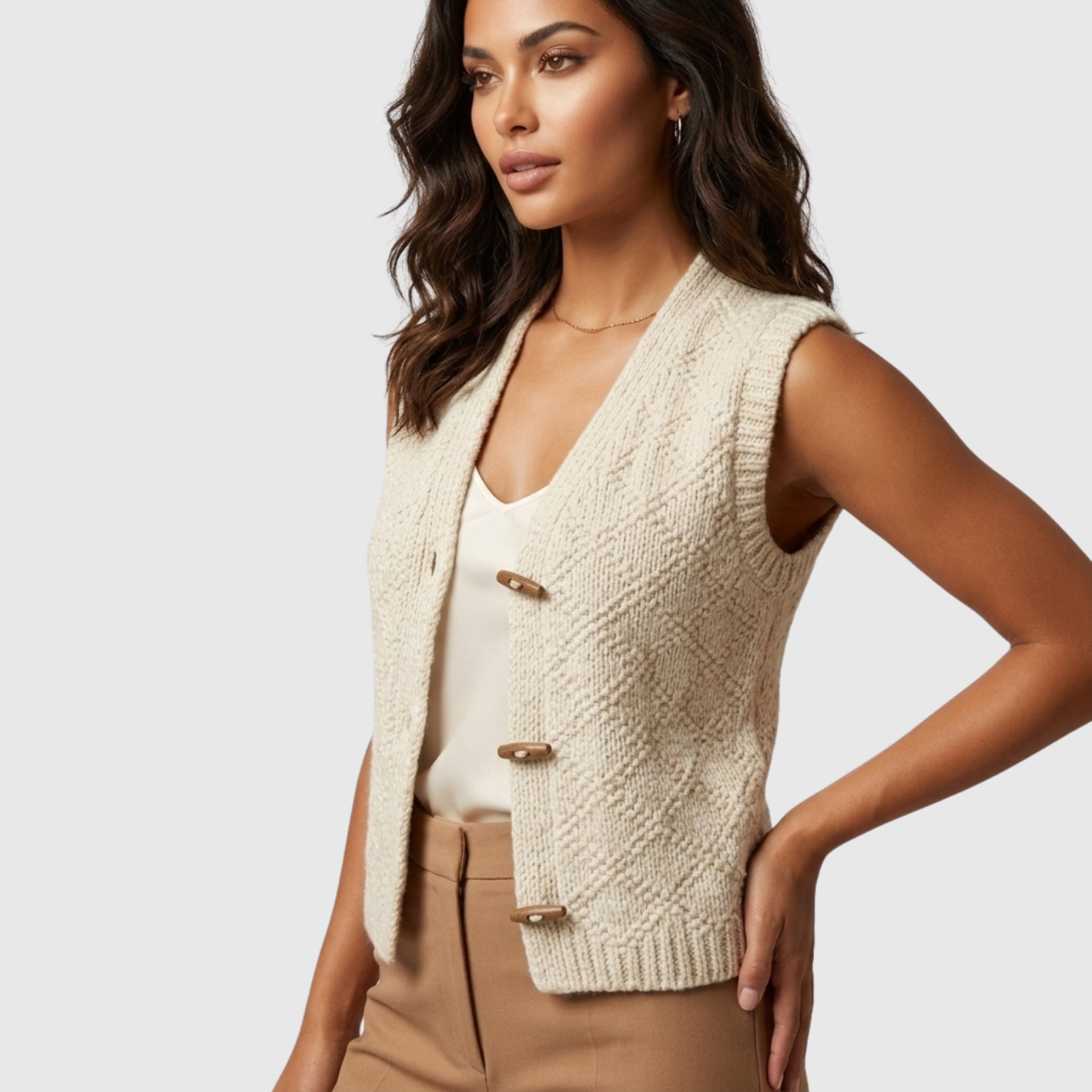 Gilet femme sans manches maille texturée fermeture boutons
