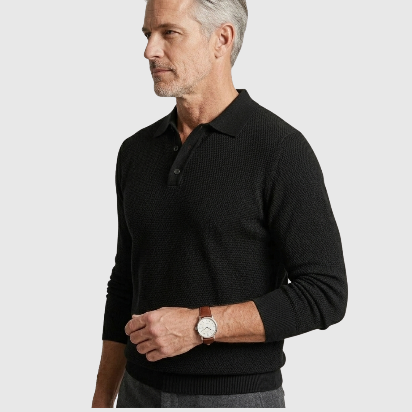 Polo homme manches longues coton mélangé col boutonné coupe droite