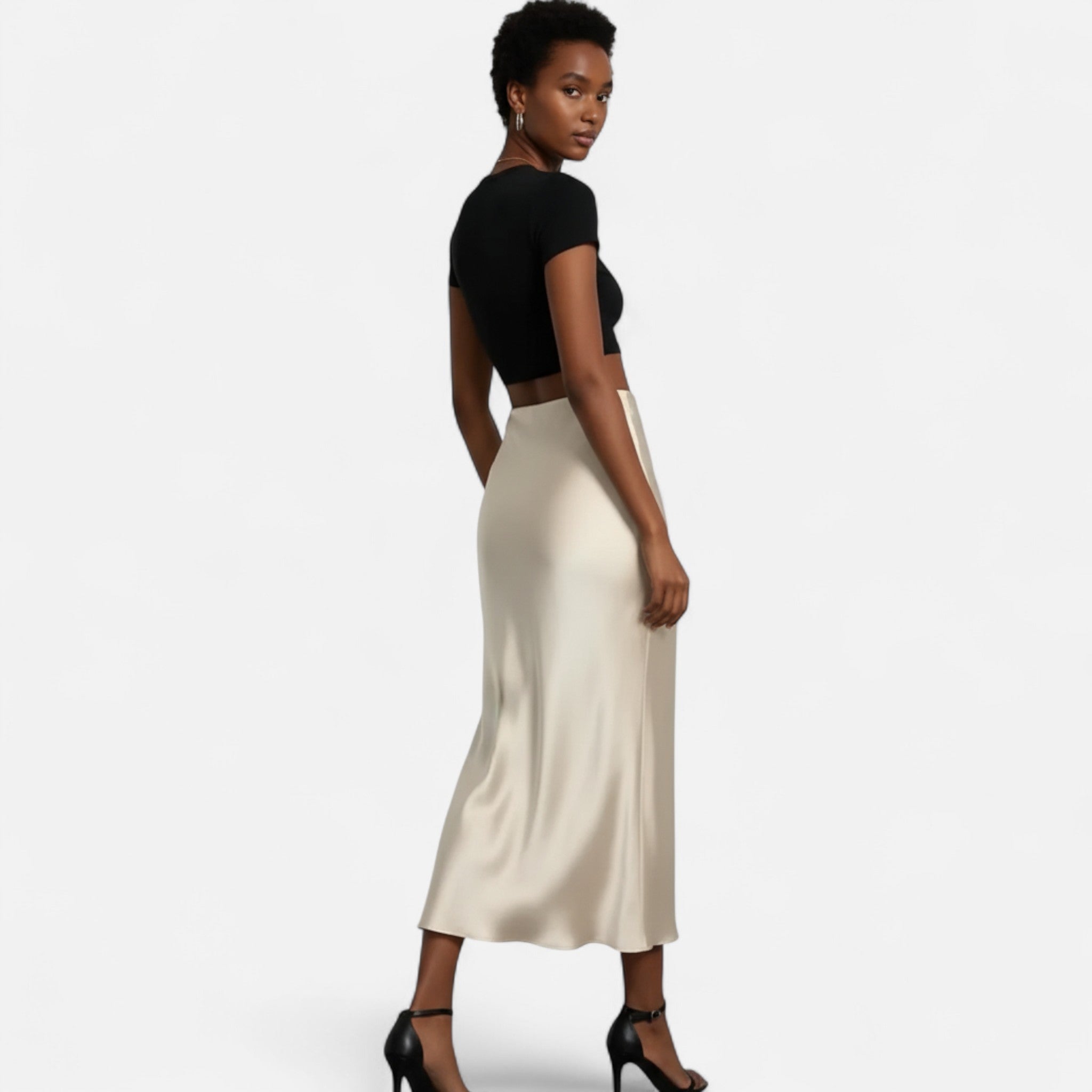 Jupe satin femme taille haute midi élégante