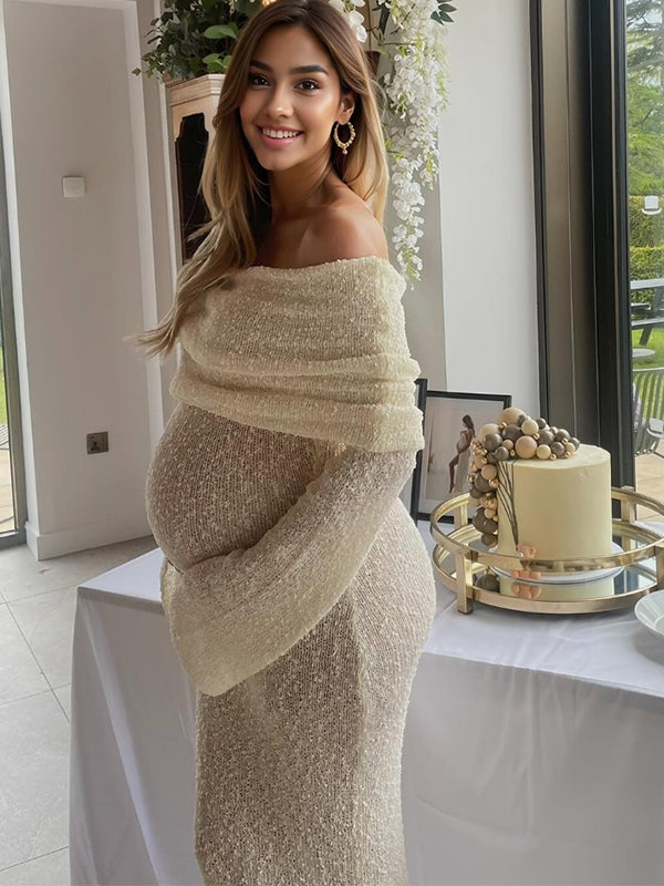Robe Maxi Maternité Maille Épaules Dénudées Ajourée