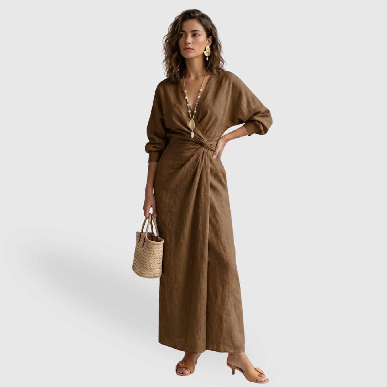 Robe longue femme mélange lin col V drapée manches longues