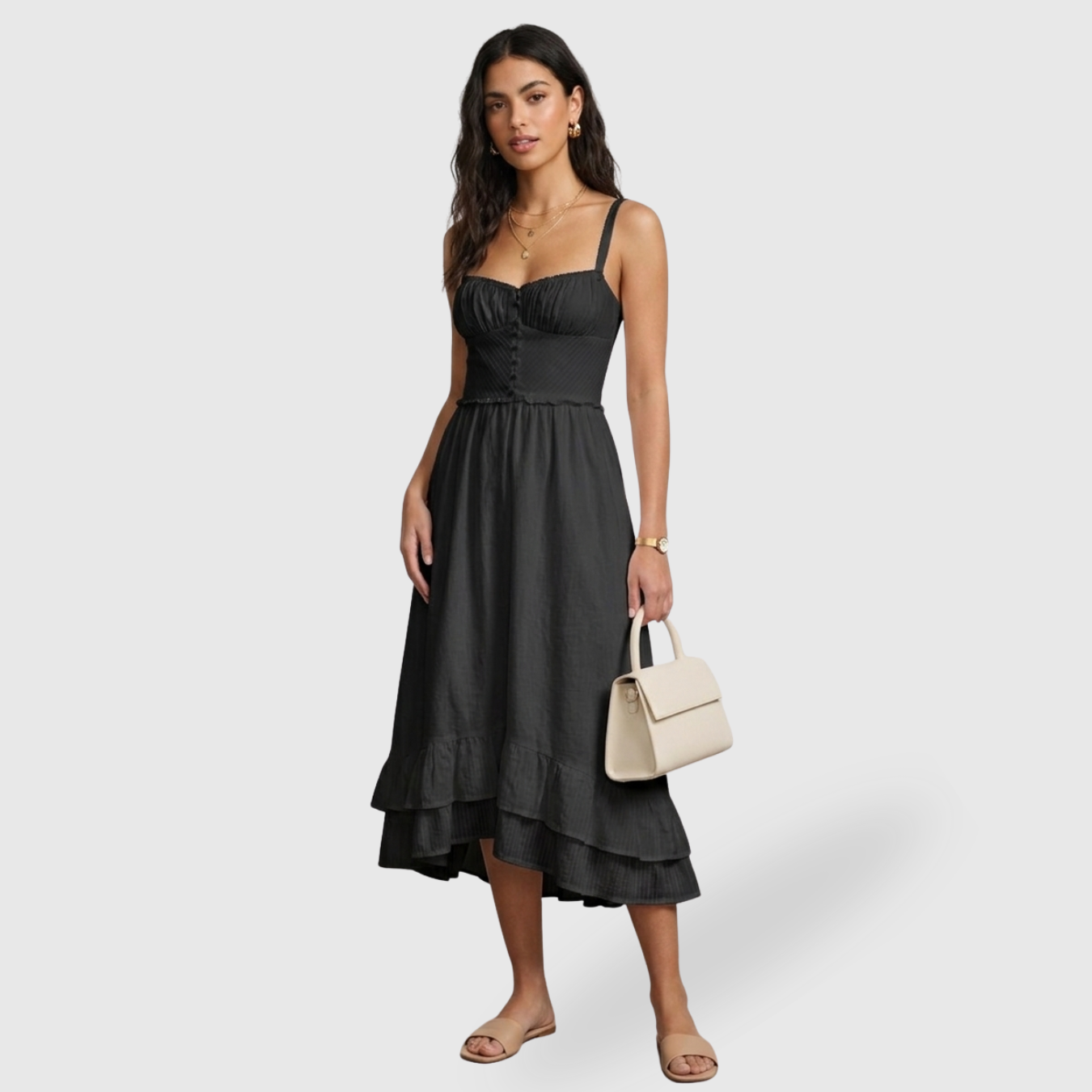 Robe midi femme à bretelles volantée coupe fluide été