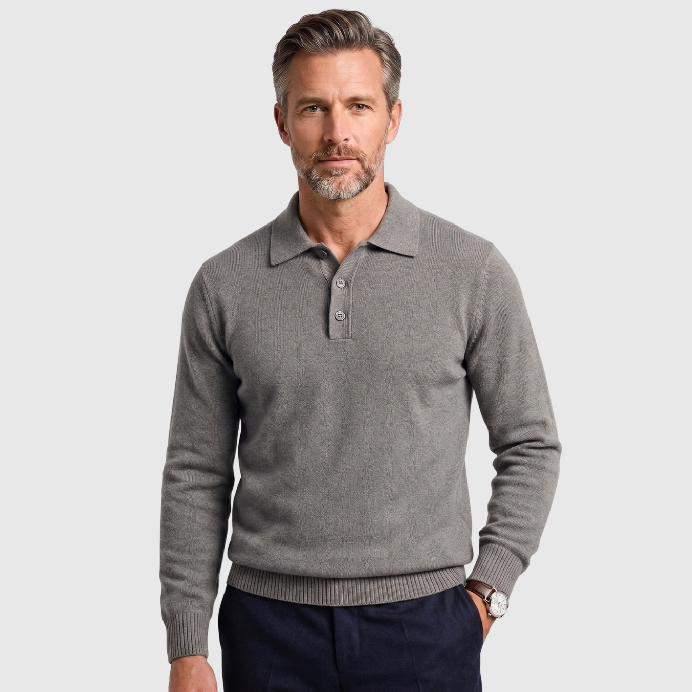 Pull homme col polo maille coton mélangé manches longues coupe ajustée