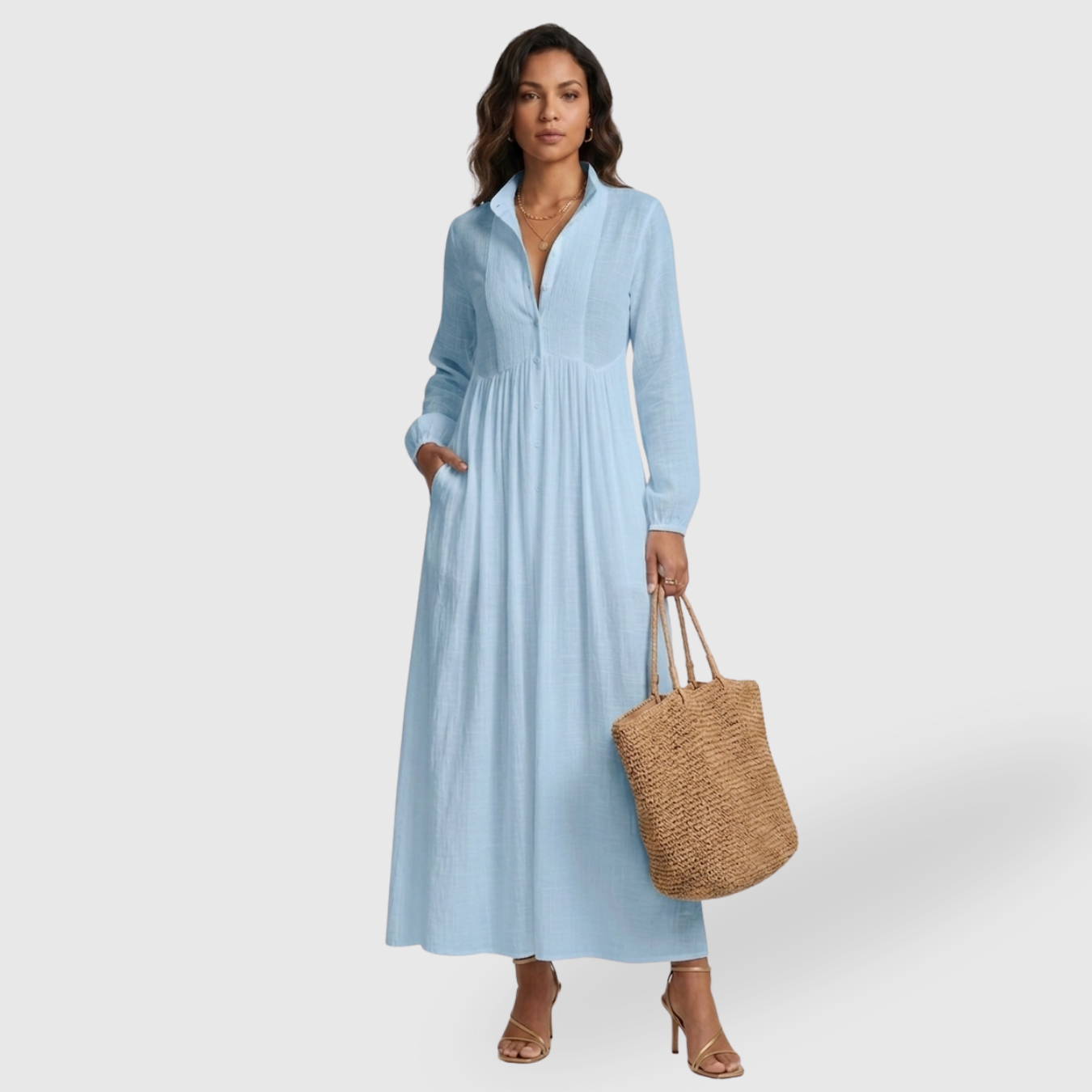 Robe longue femme coton lin col montant manches longues