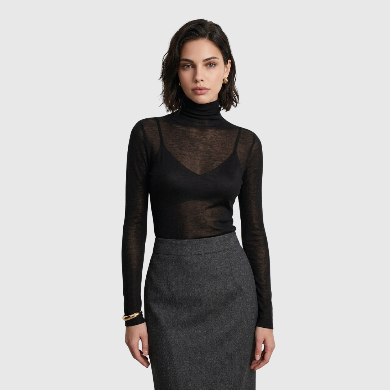 Pull col roulé femme laine mélangée maille fine transparente