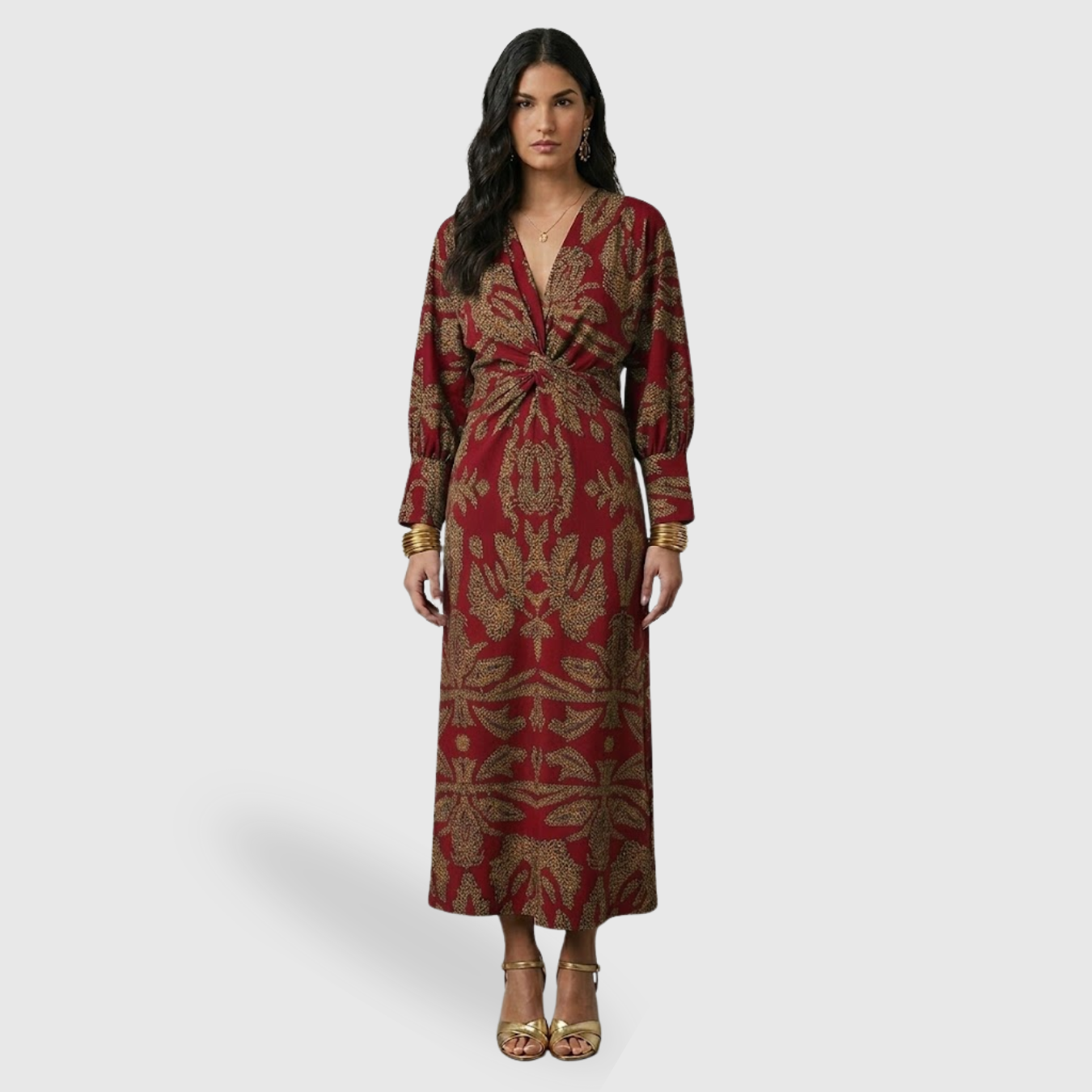 Robe longue femme coupe A col en V sans manches taille cintrée élégante