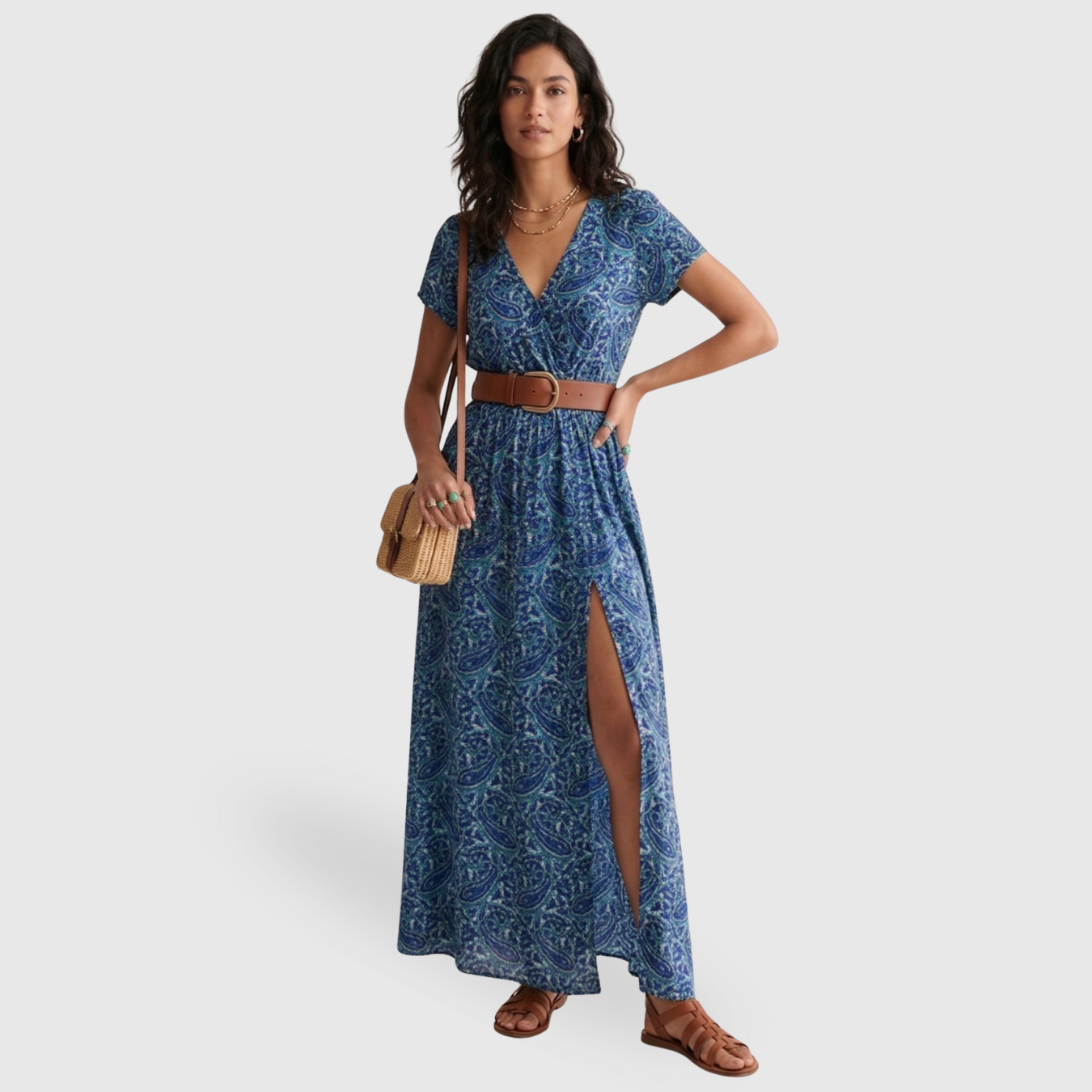 Robe longue femme bohème manches courtes col en V coupe fluide été