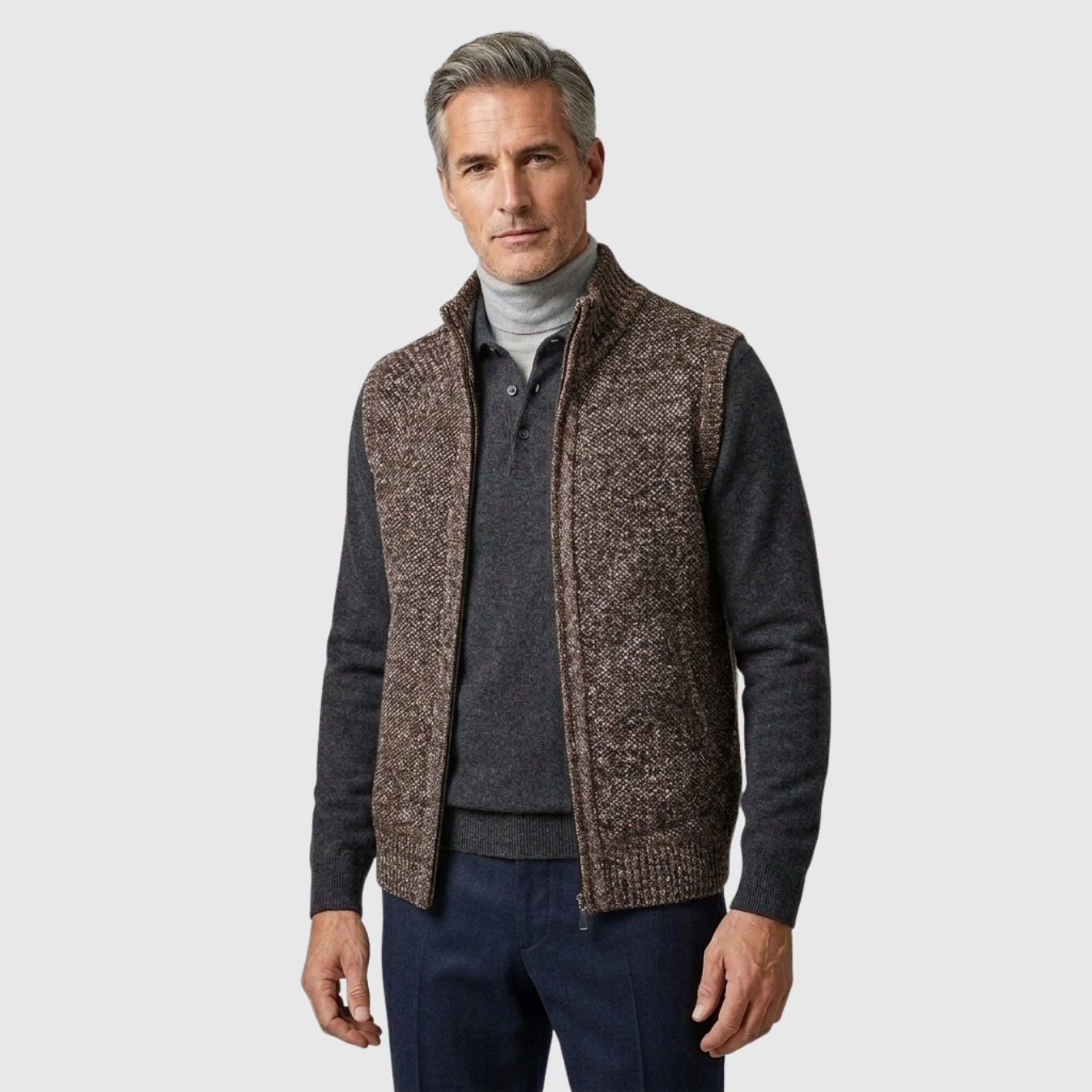 Gilet homme zippé sans manches col montant coupe ajustée tricot