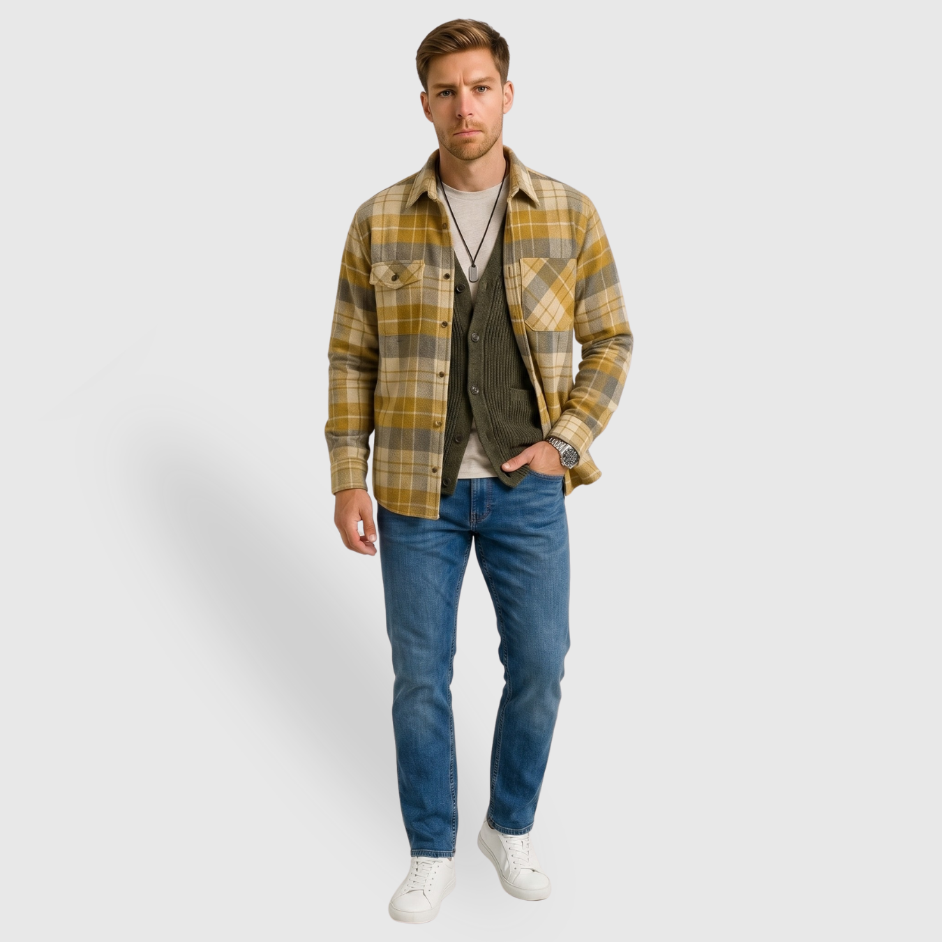 Chemise homme à carreaux coton polyester manches longues coupe décontractée