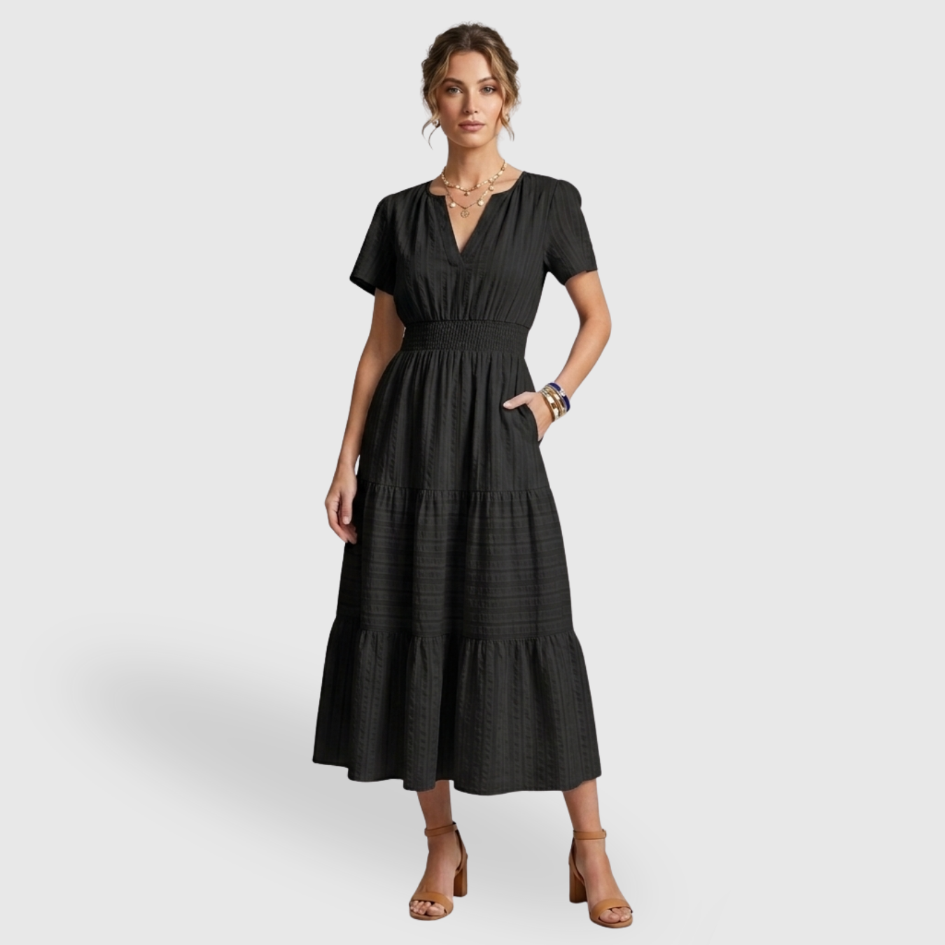 Robe longue femme bohème col V manches courtes coupe fluide