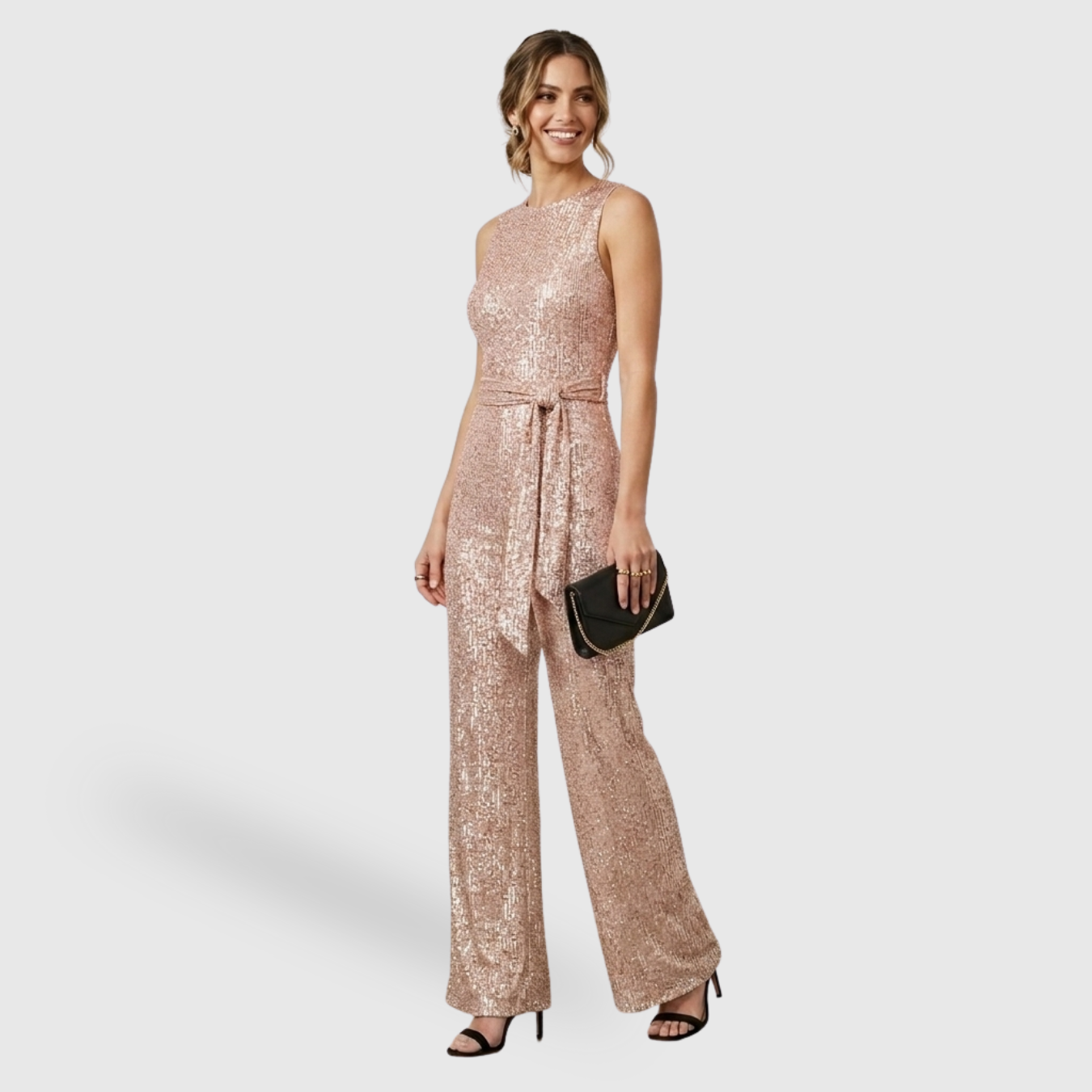 Combinaison femme pailletée pantalon large sans manches ceinturée