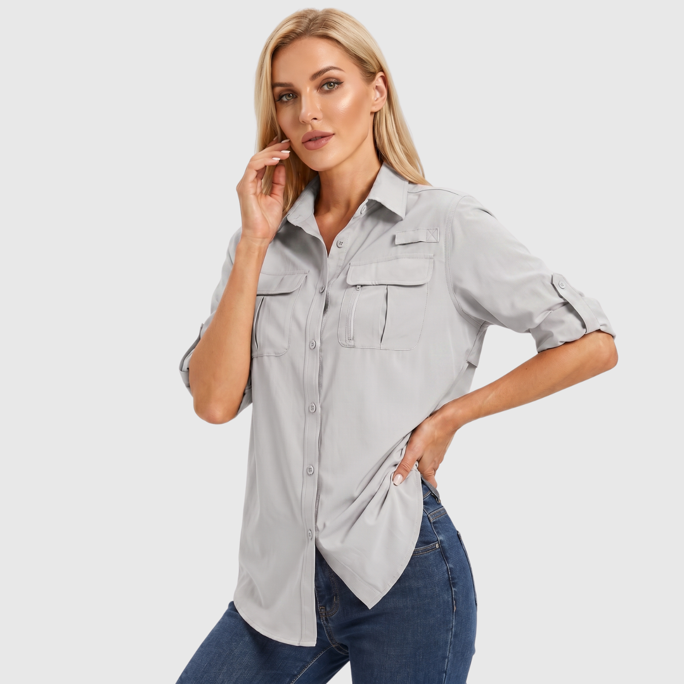 Chemise femme manches longues boutonnée poches safari coupe décontractée