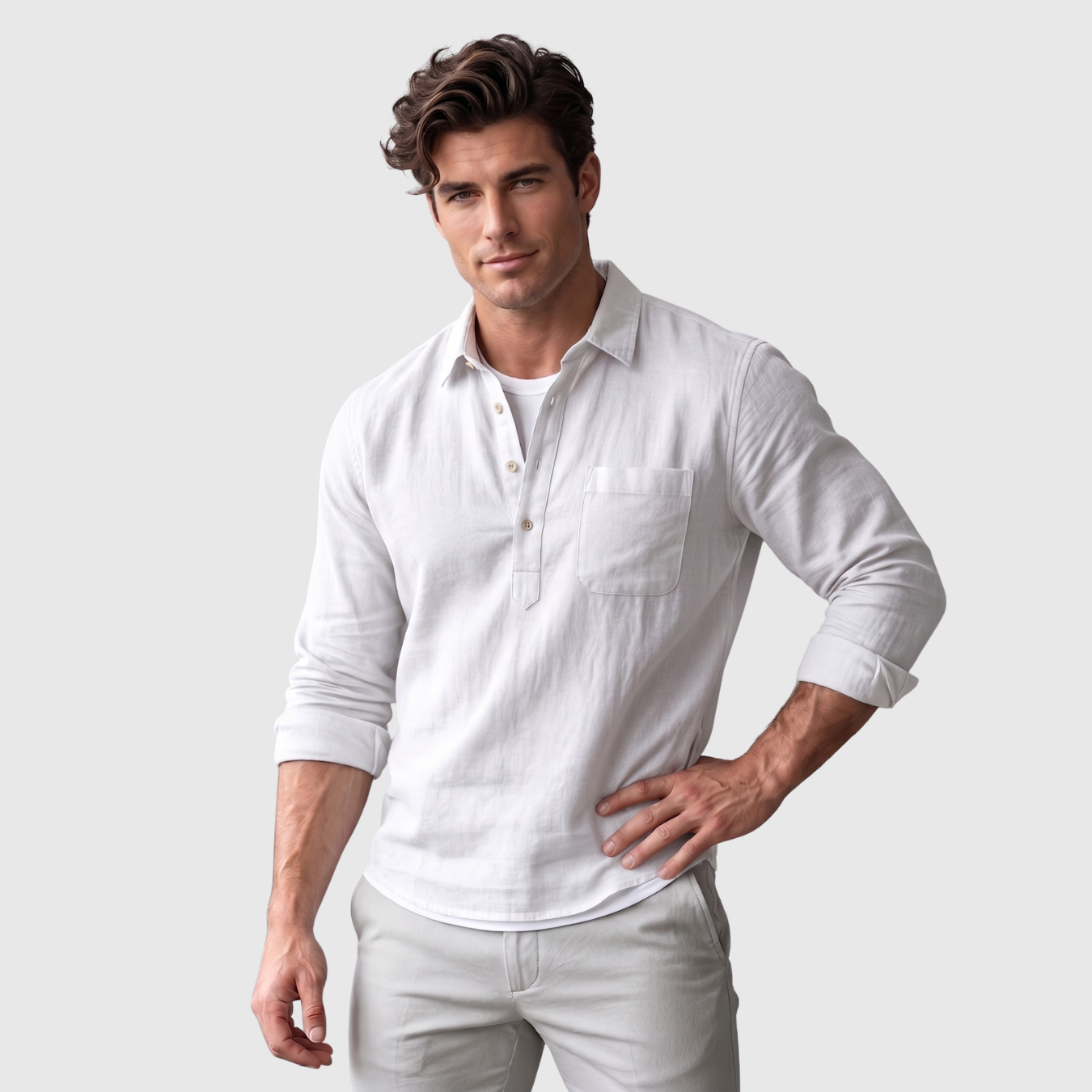 Chemise homme coton lin col polo manches longues coupe décontractée