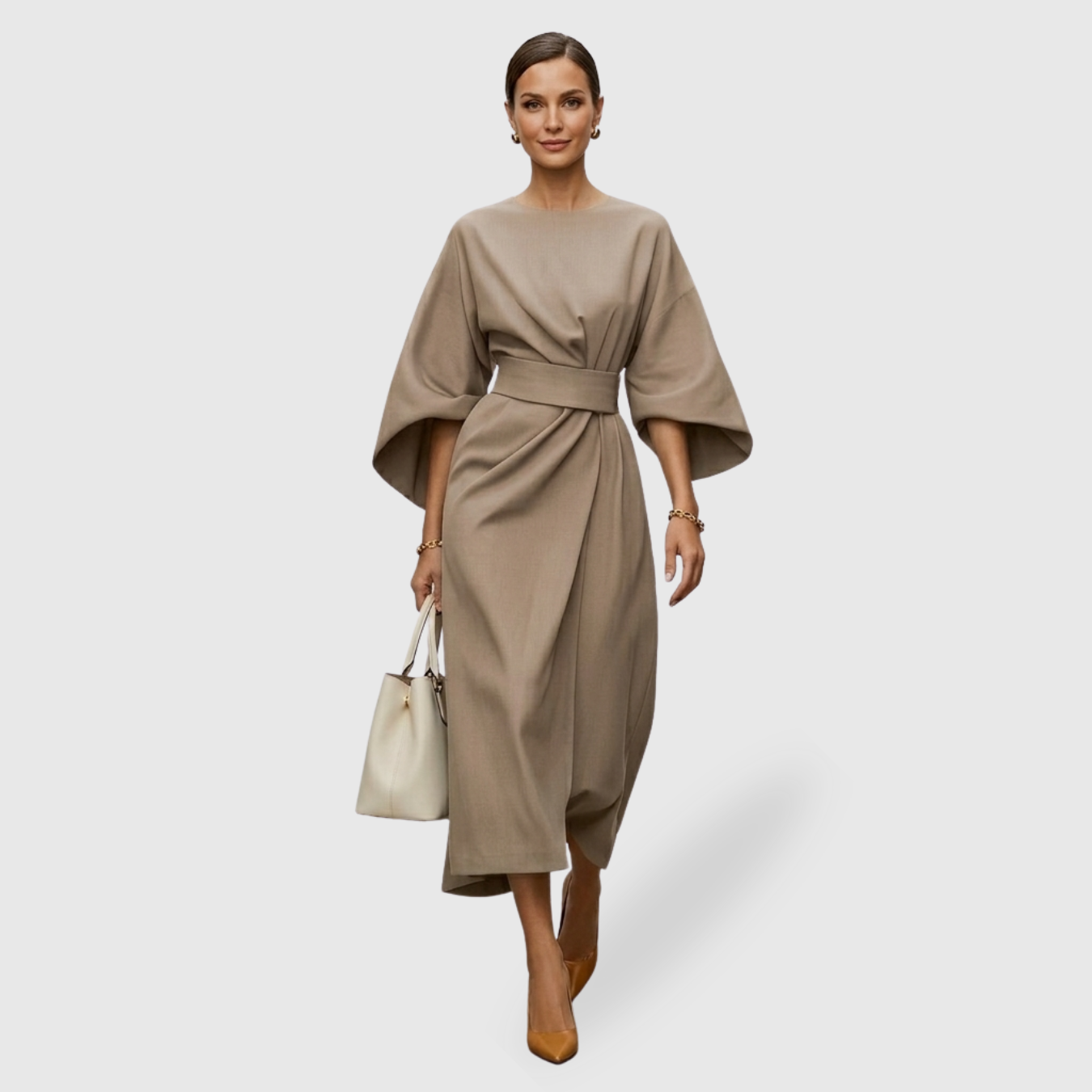 Robe femme manches lanternes coupe fluide élégante mi-longue