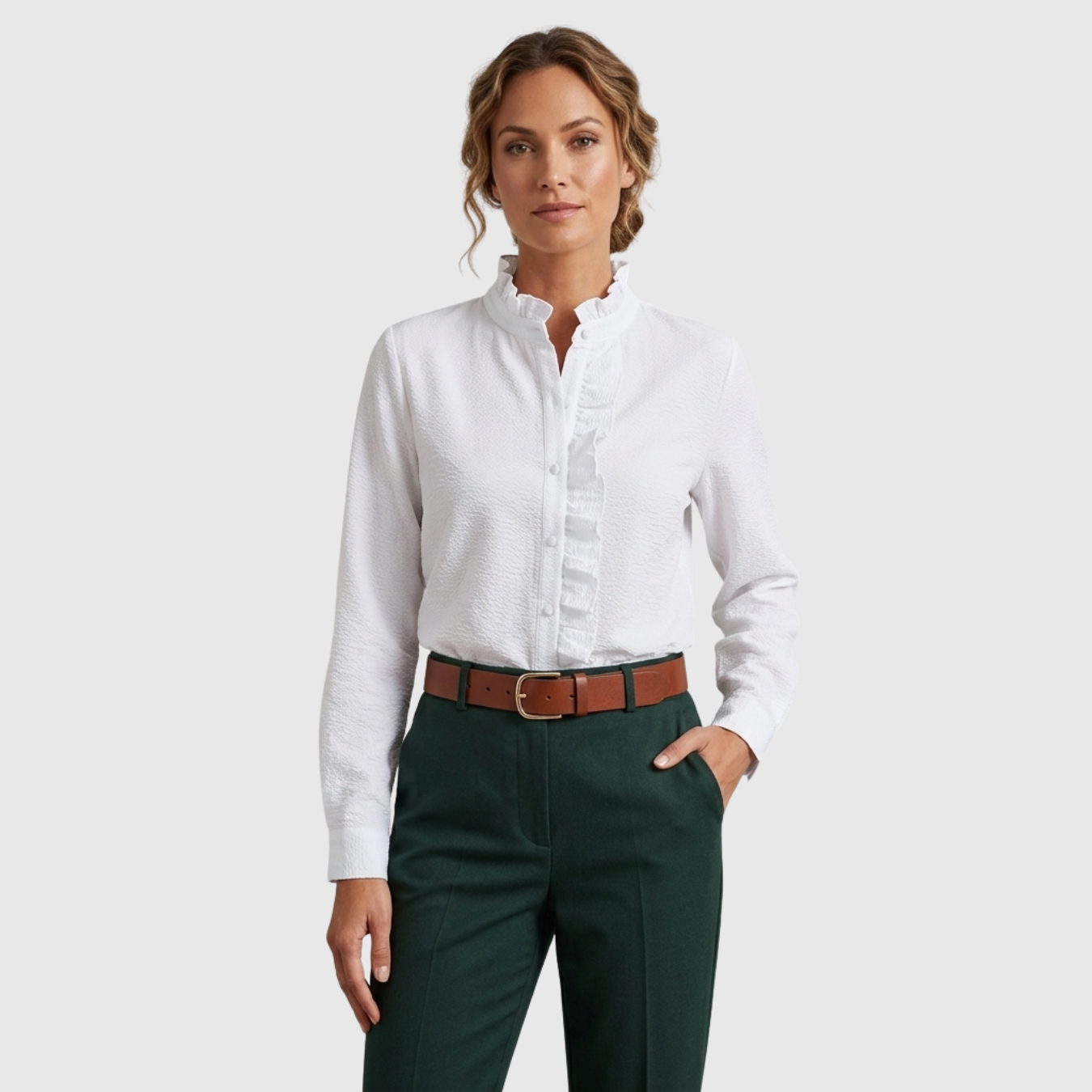 Chemisier femme à volants manches longues boutonné col V