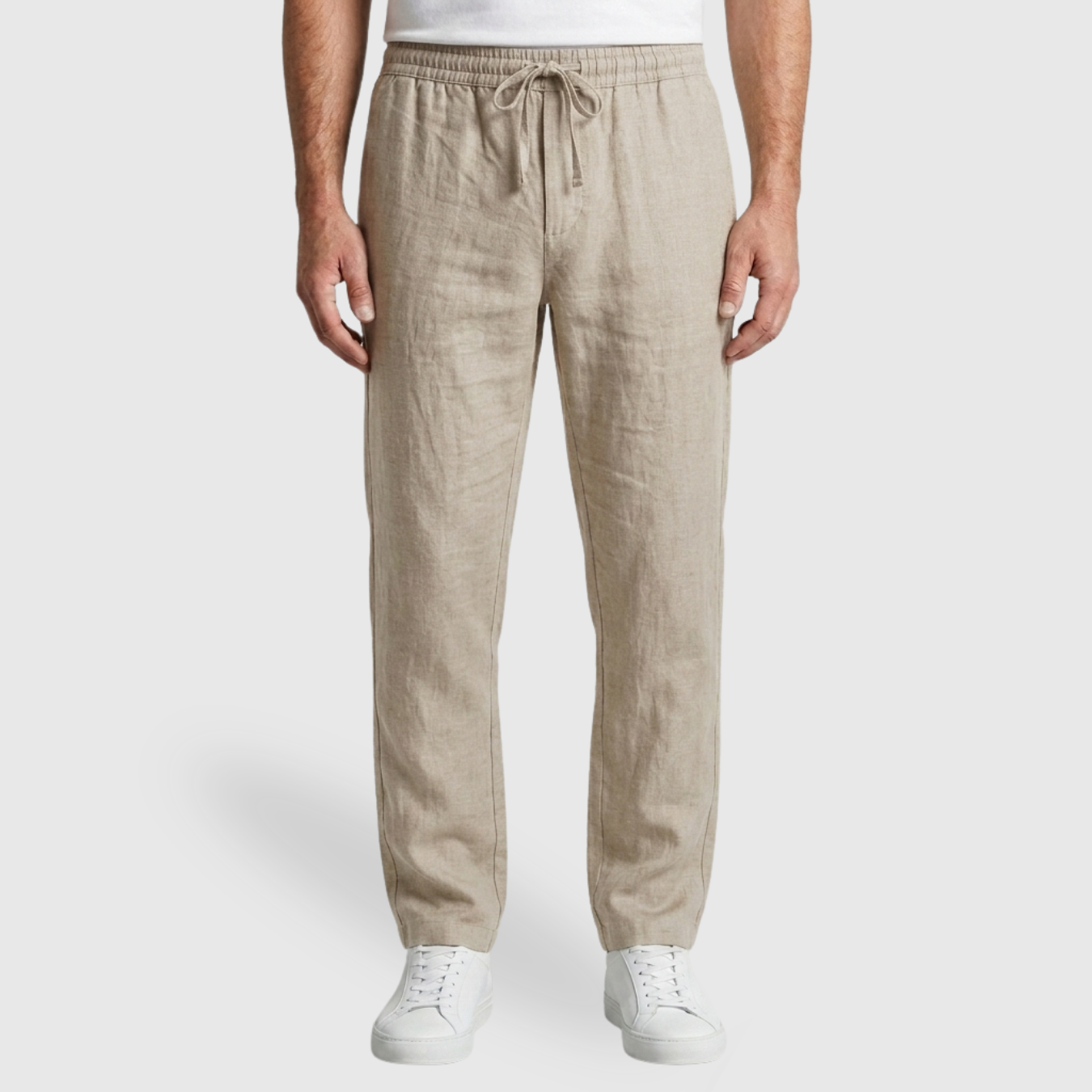 Pantalon homme coton lin taille élastique avec cordon coupe droite