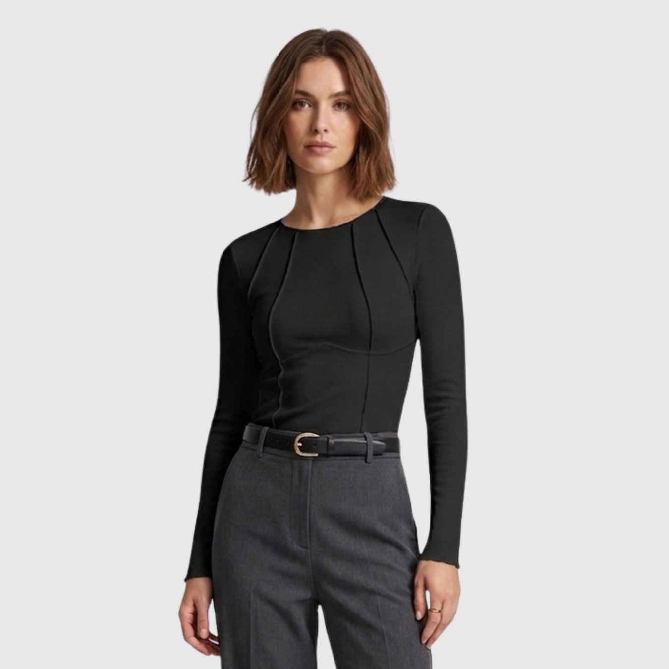Top manches longues femme ajusté détail piping col rond