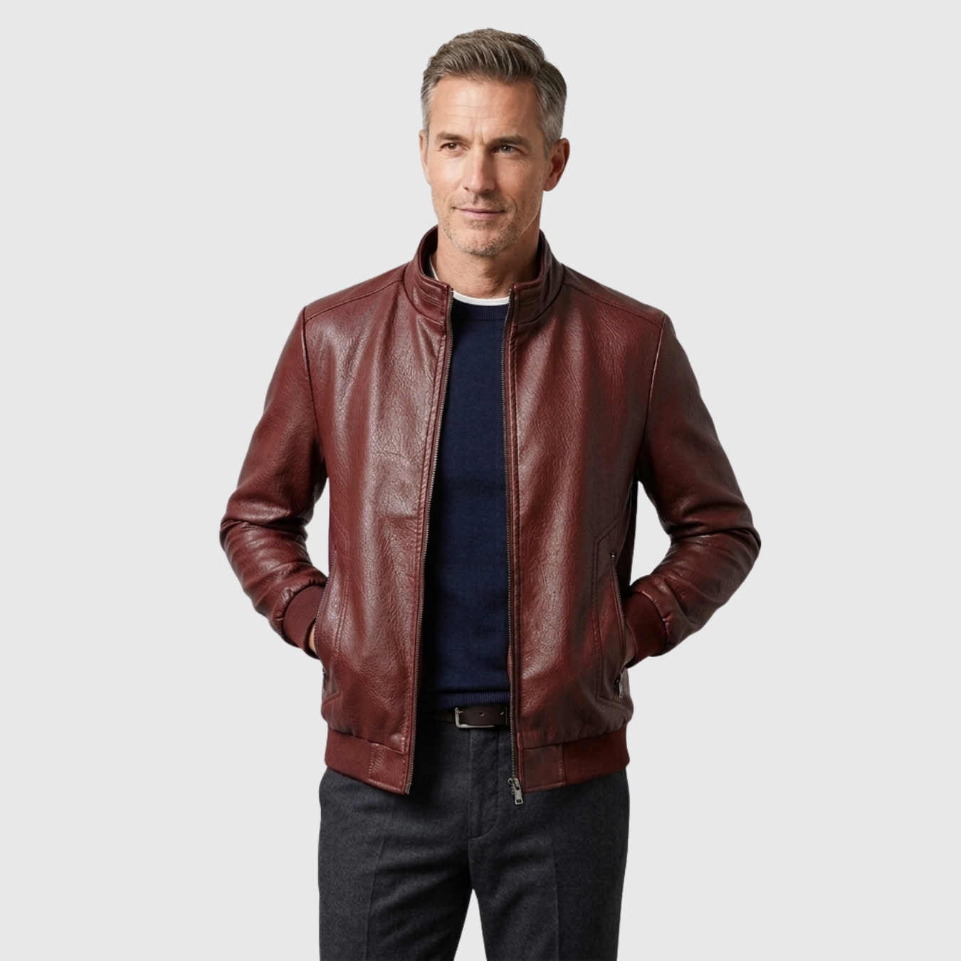 Veste en cuir homme zippée col montant coupe ajustée style biker