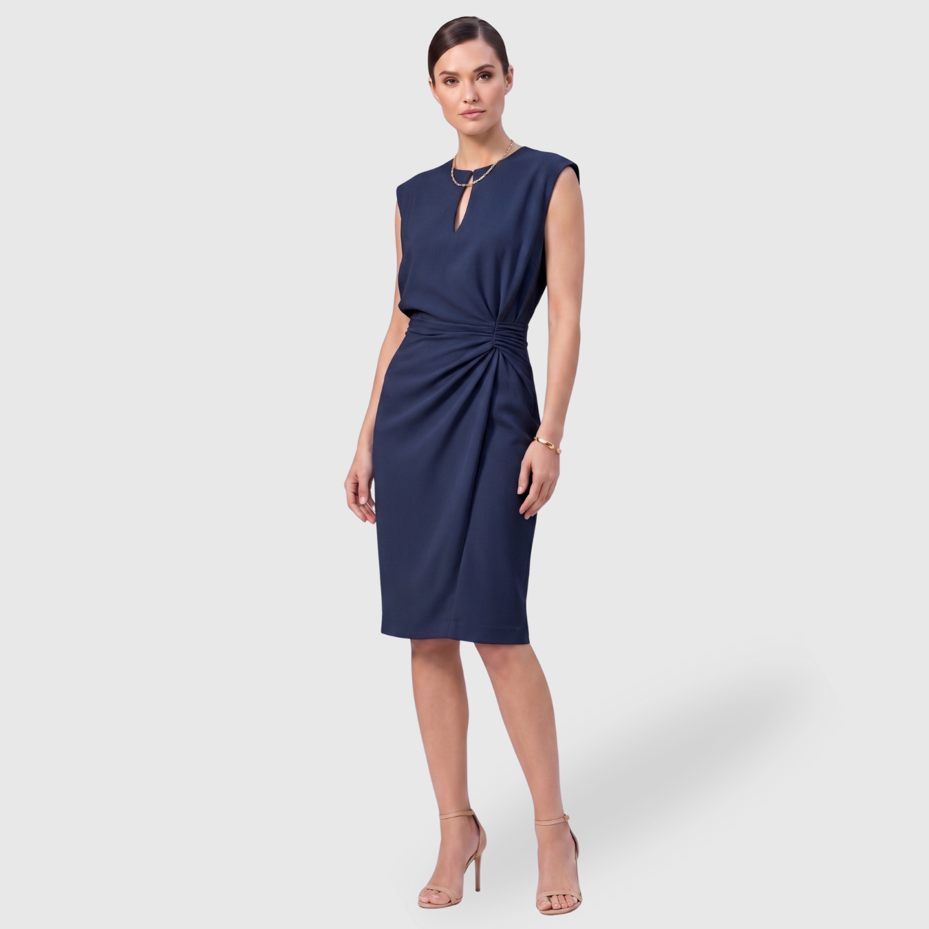 Robe midi femme col goutte d’eau sans manches taille froncée ajustée
