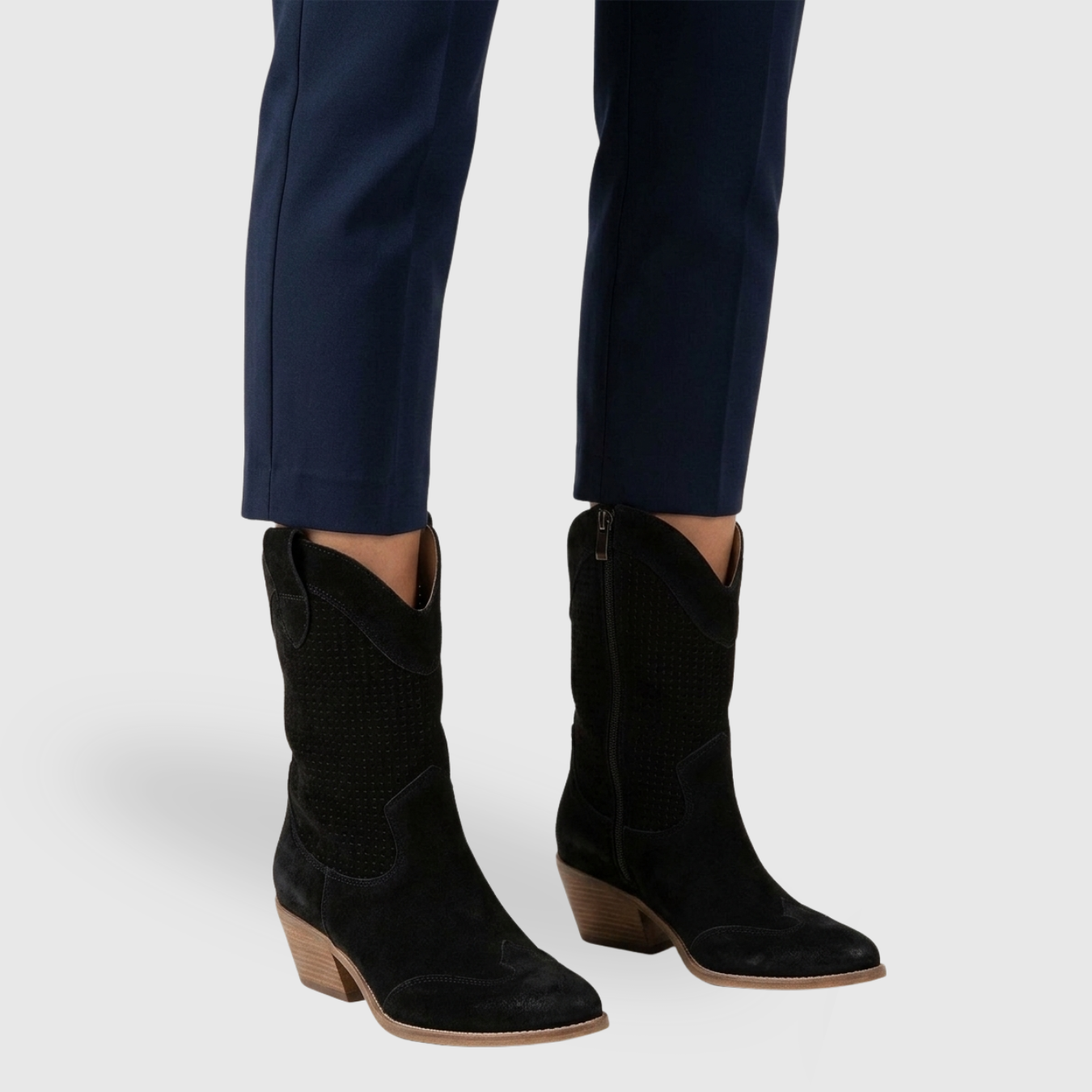 Bottes cowboy femme mi-mollet perforées talon bloc fermeture zippée