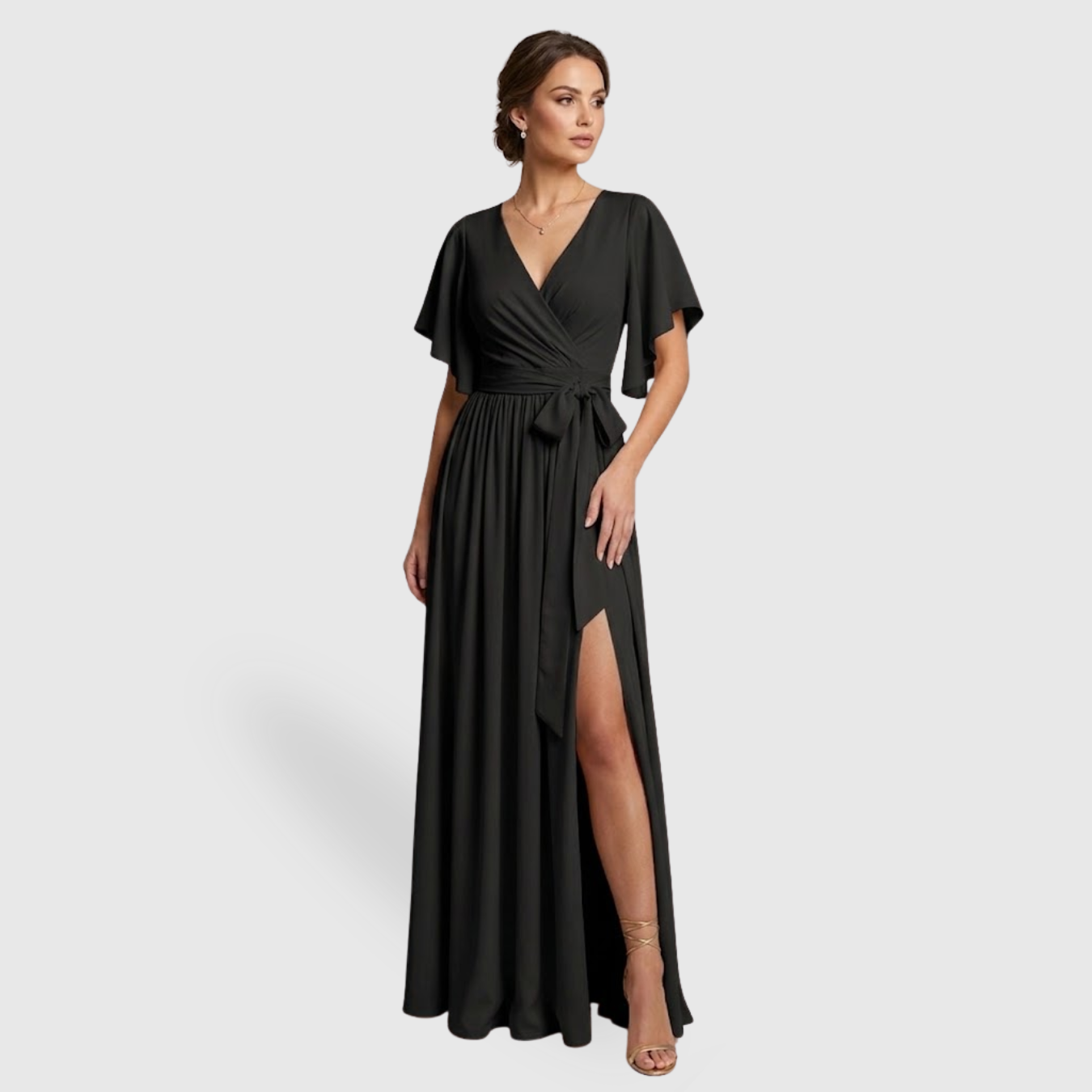 Robe demoiselle d’honneur longue portefeuille manches volantées formelle