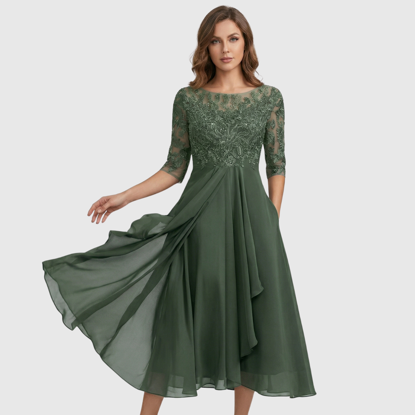 Robe midi femme brodée manches courtes transparentes coupe évasée