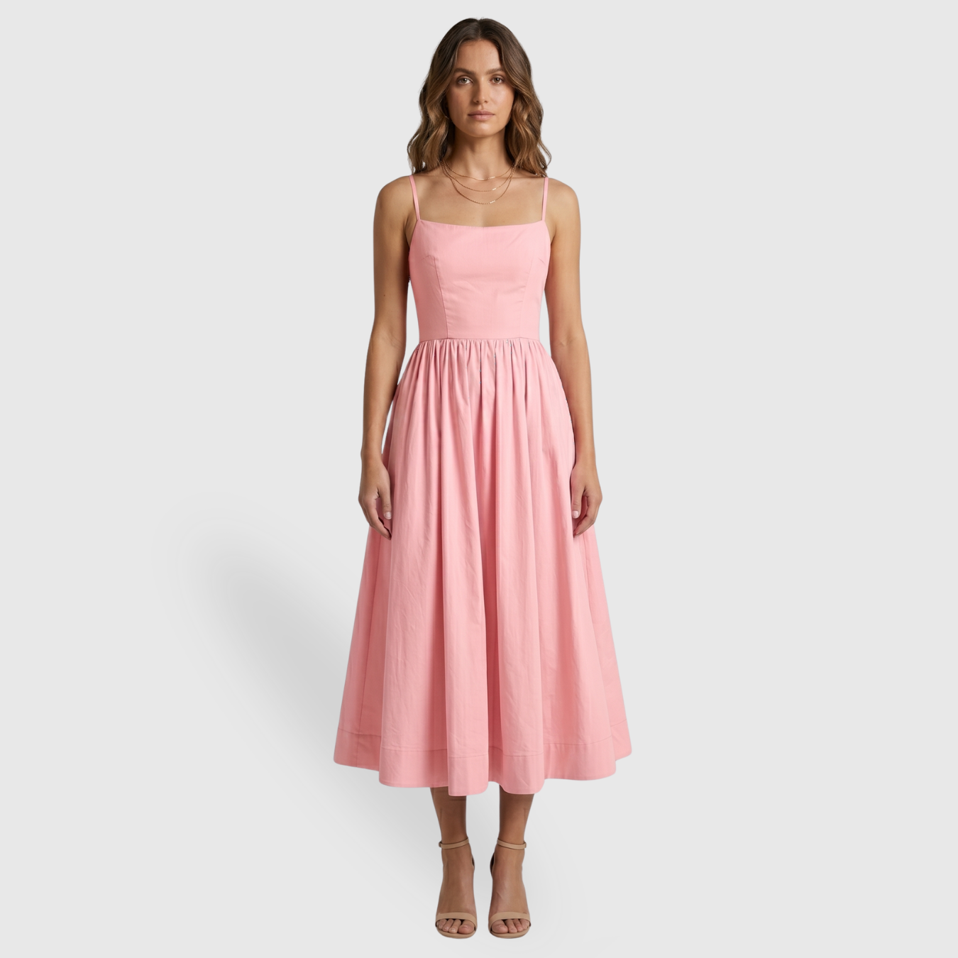 Robe midi femme bretelles fines coupe cintrée jupe évasée taille marquée