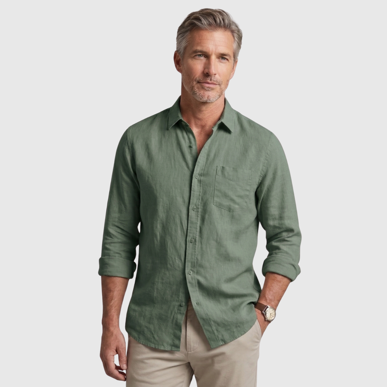 Chemise homme en lin manches longues col boutonné coupe légère été