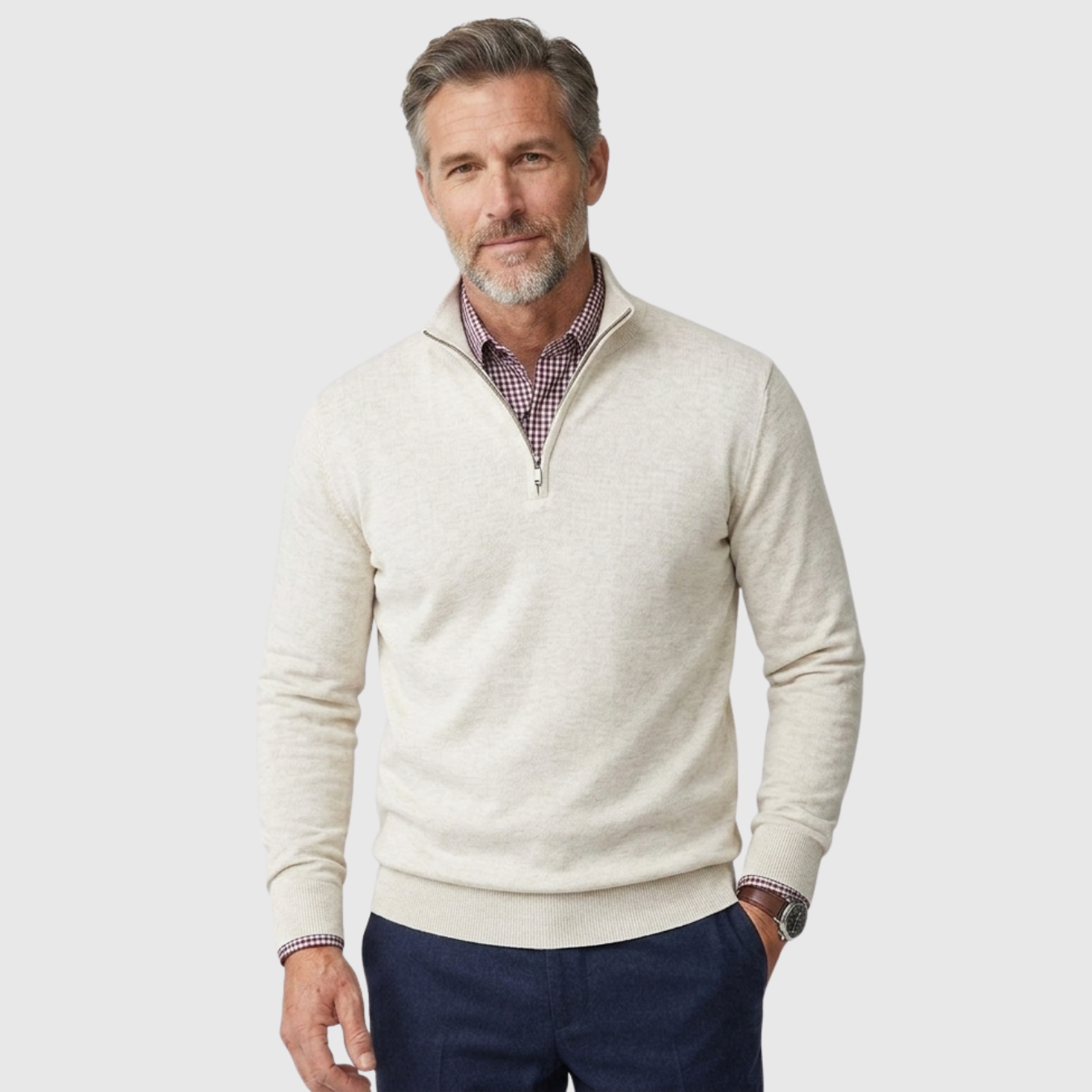 Pull homme col zippé demi-zip manches longues coupe ajustée