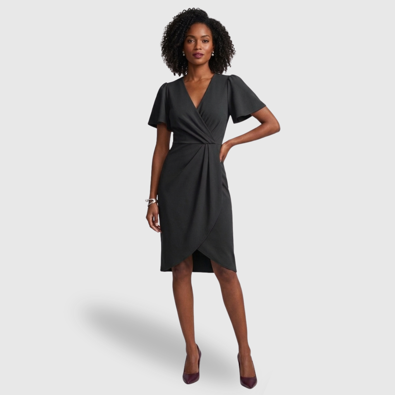Robe portefeuille femme col en V manches courtes coupe slim longueur midi