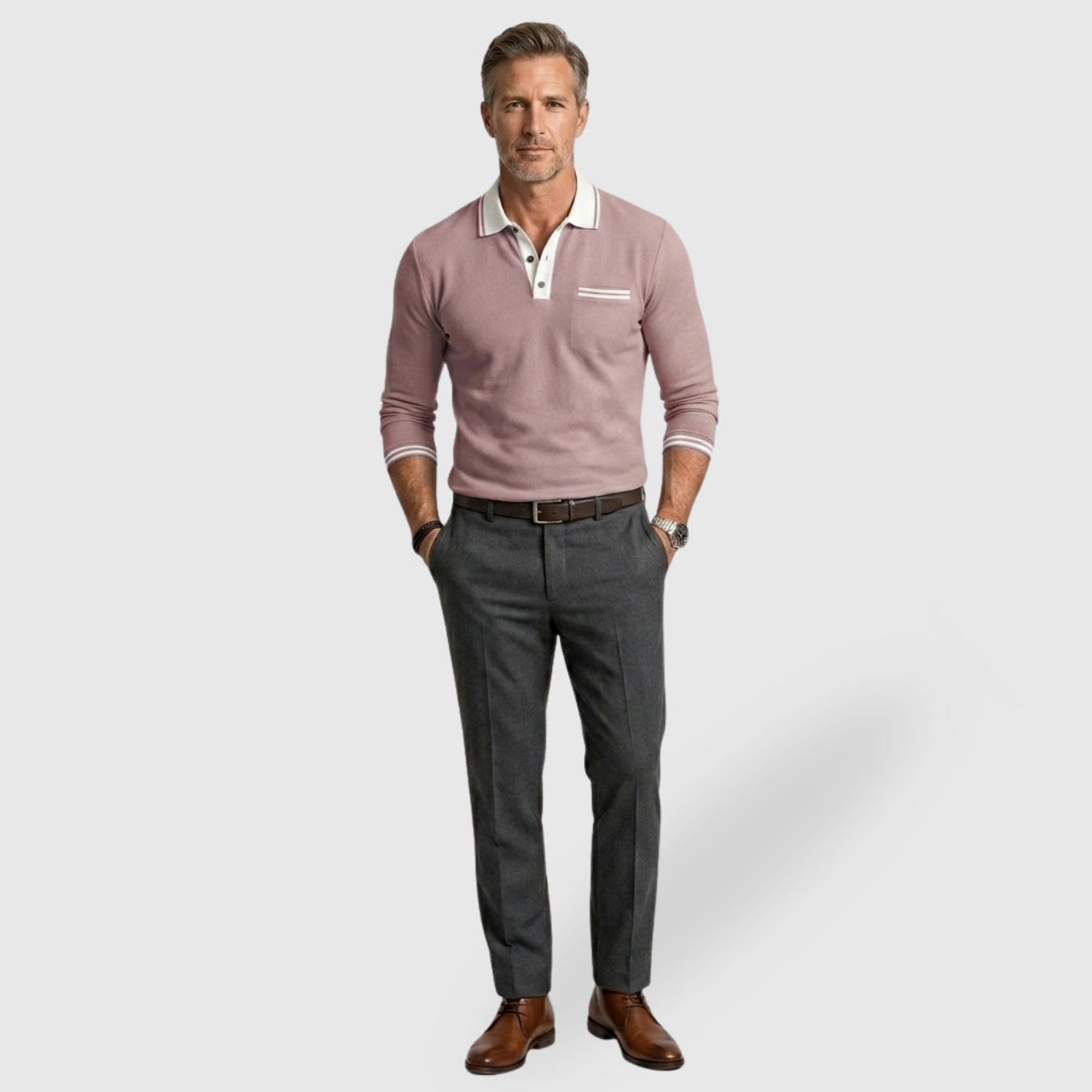 Polo homme manches longues col boutonné coupe ajustée détails contrastés