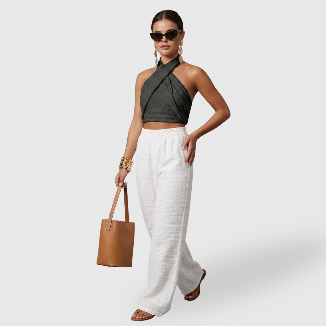 Top femme dos nu coton lin col halter croisé sans manches