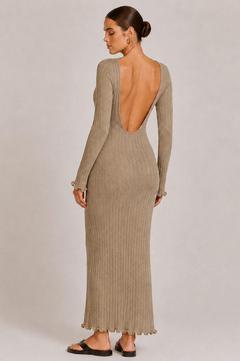 Robe Maxi Maternité Tricot Côtelé Manches Longues Col Rond