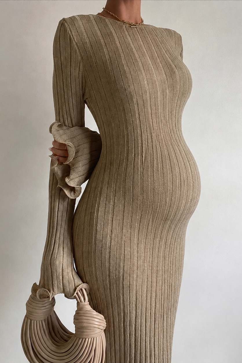 Robe Maxi Maternité Tricot Côtelé Manches Longues Col Rond