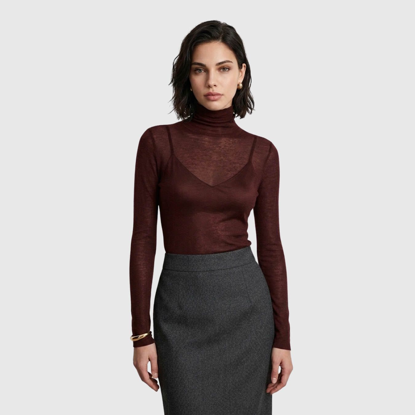 Pull col roulé femme laine mélangée maille fine transparente