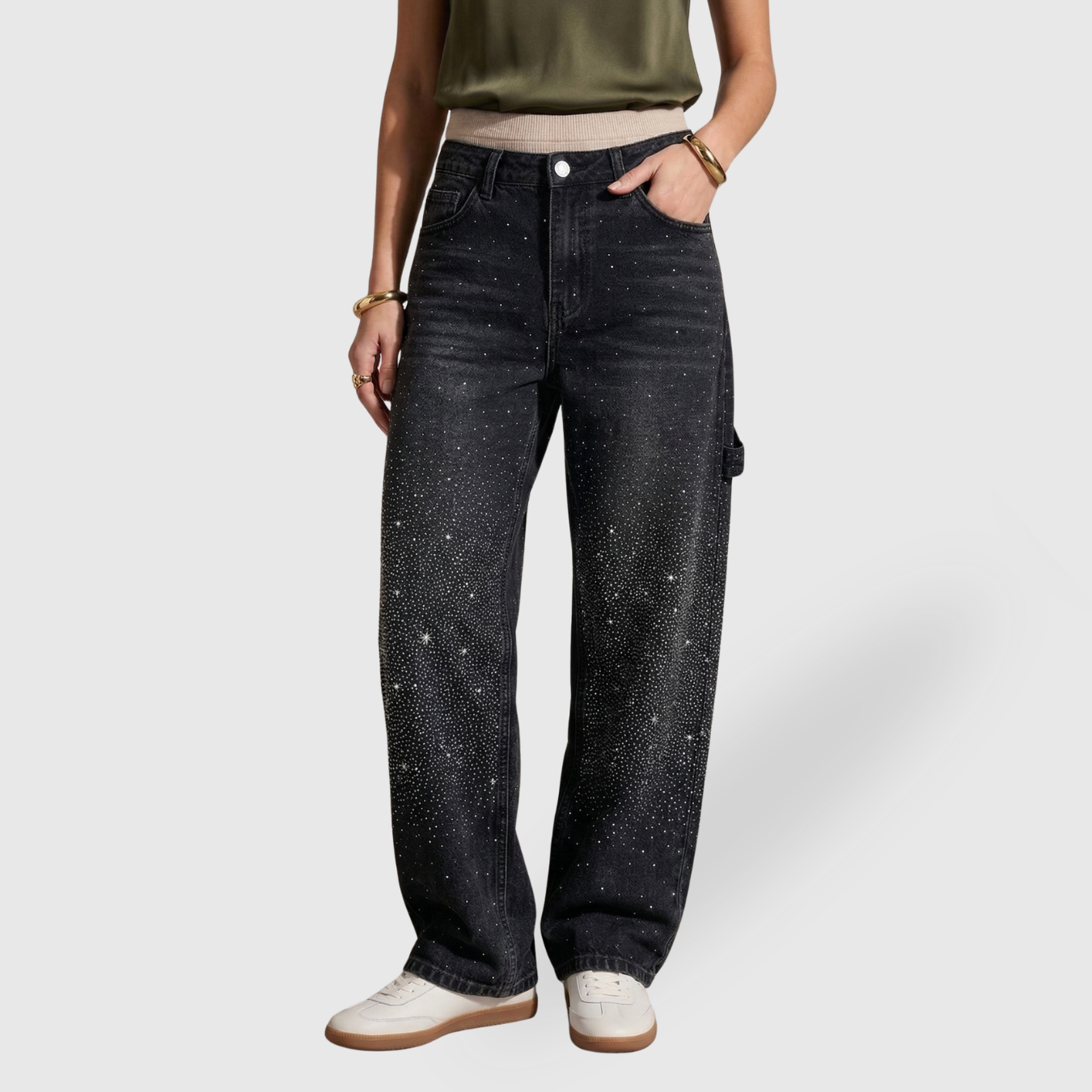 Jean large femme taille haute coupe oversize denim effet brillant