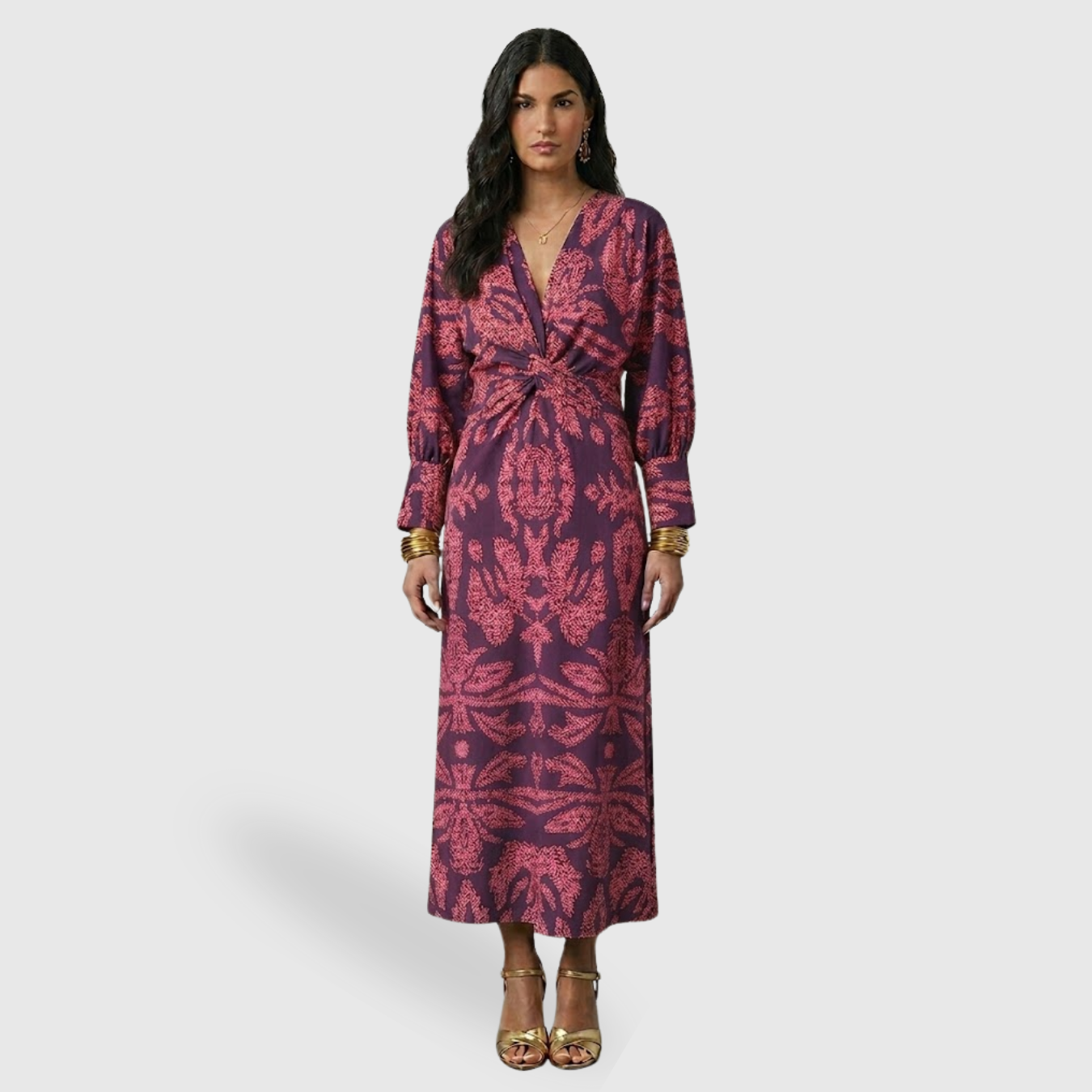 Robe longue femme coupe A col en V sans manches taille cintrée élégante