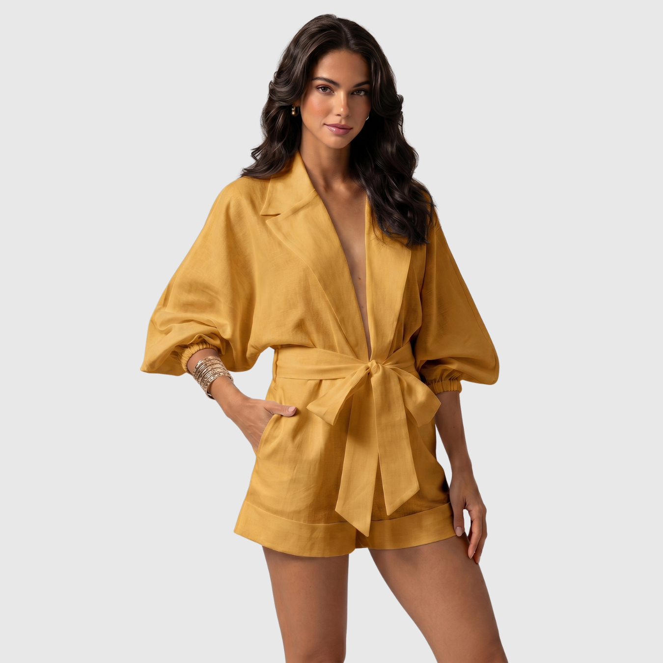 Combinaison short femme coton lin ceinturée manches longues