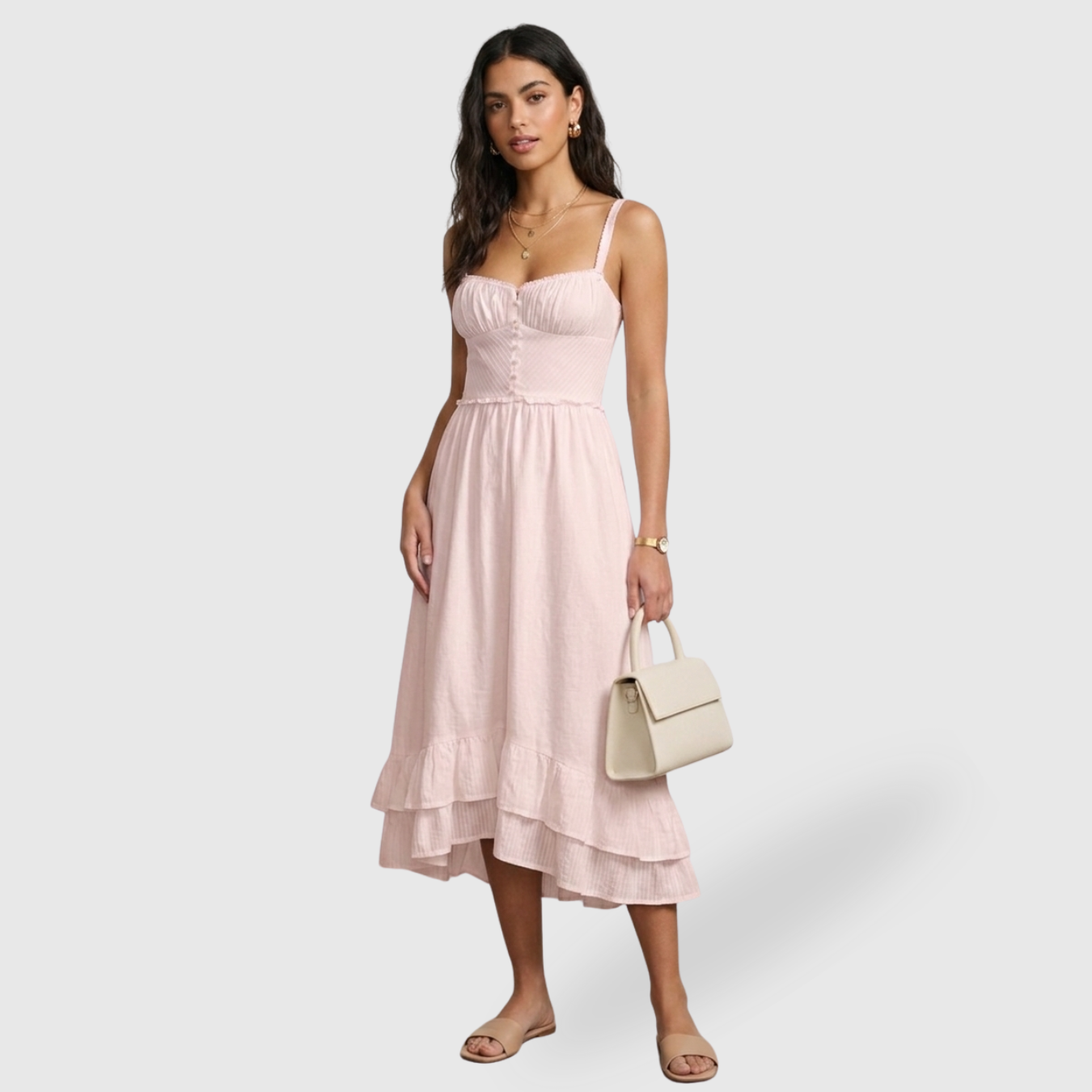 Robe midi femme à bretelles volantée coupe fluide été