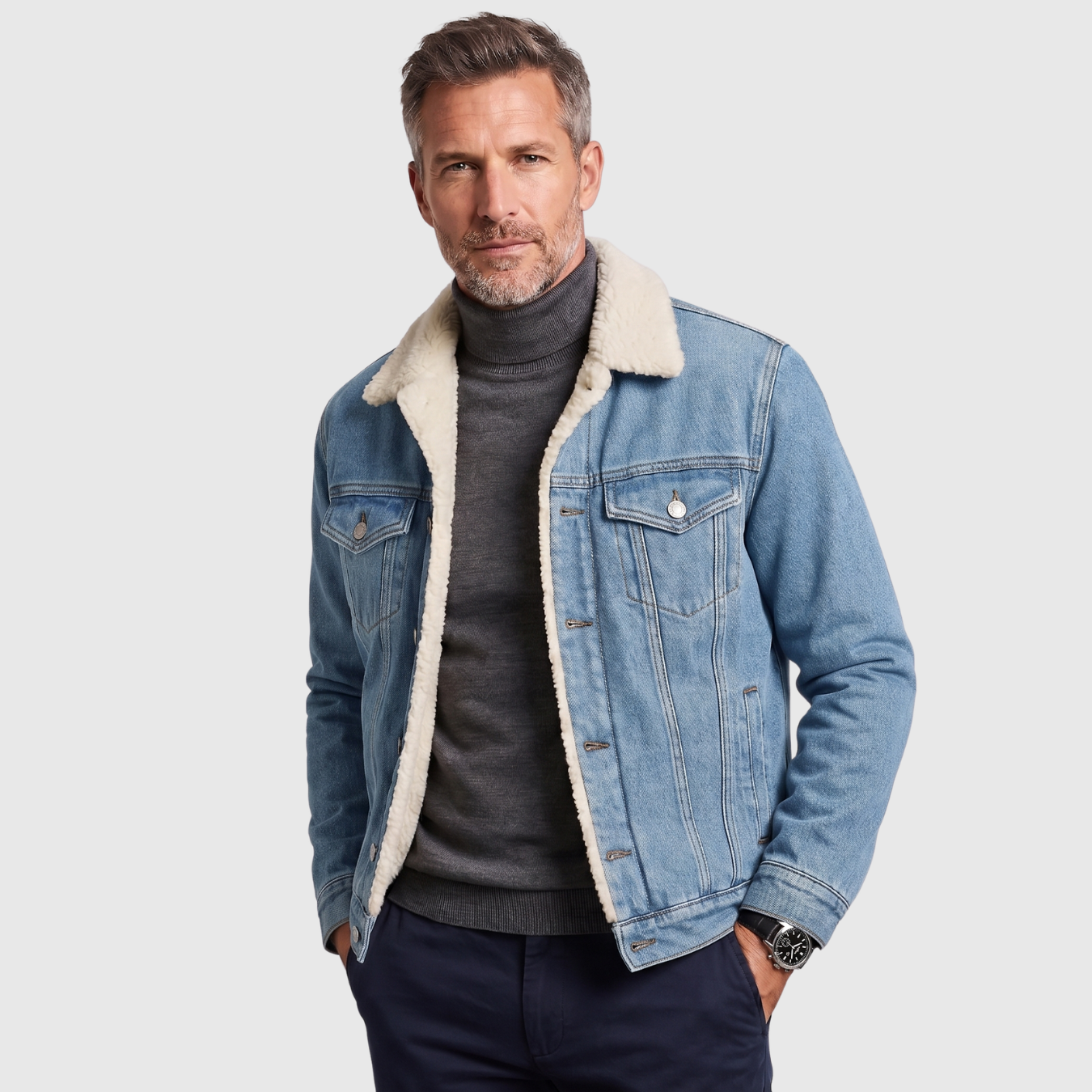 Veste jean homme doublée polaire col chemise fermeture boutonnée