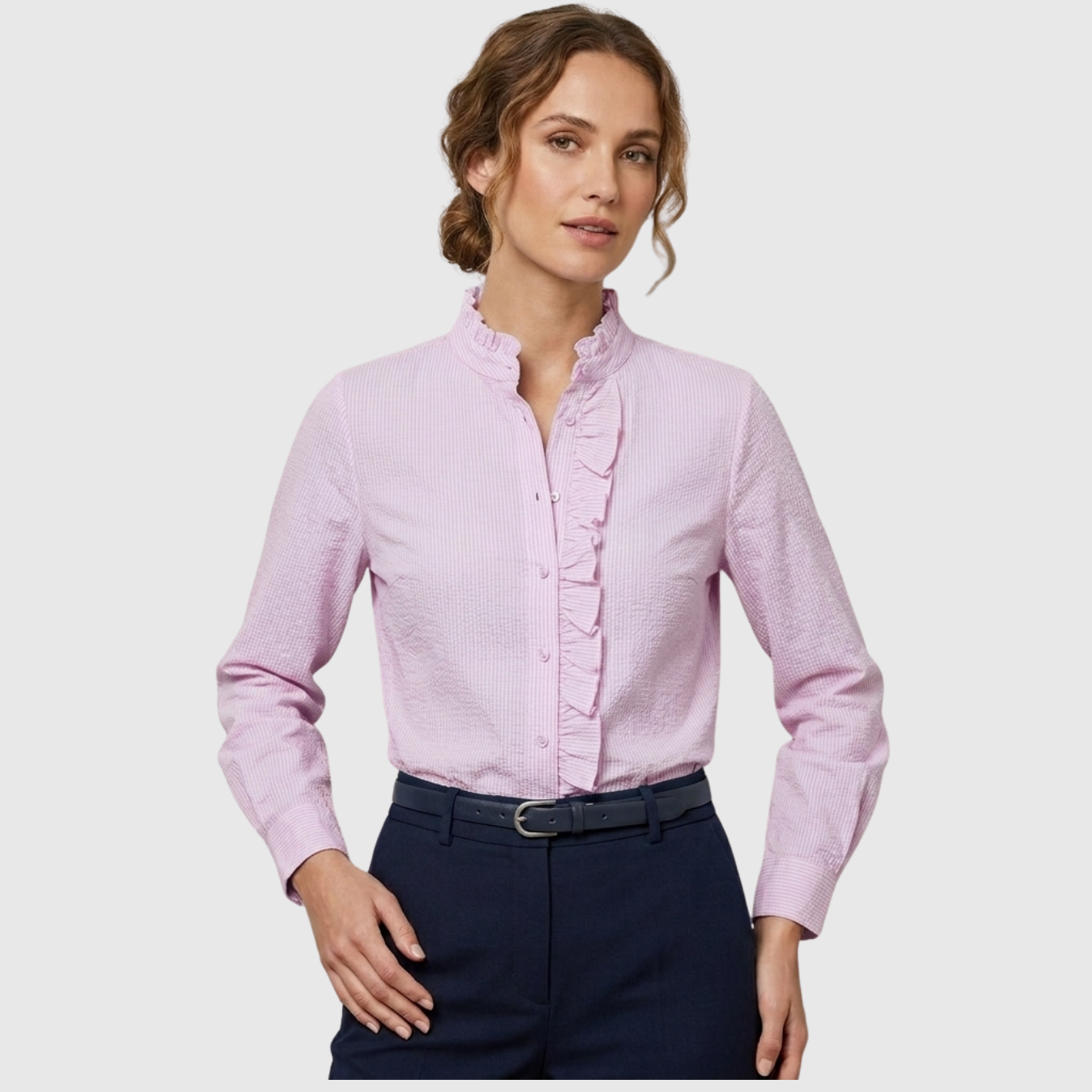 Chemisier femme à volants manches longues boutonné col V