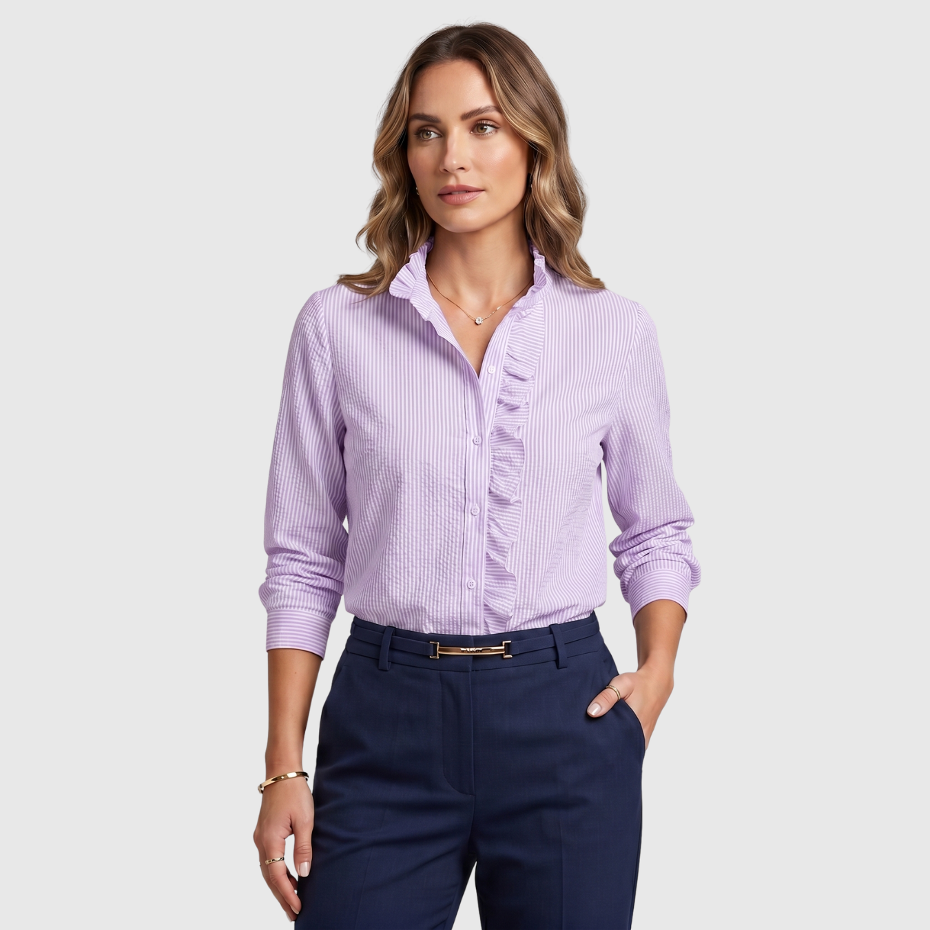 Chemise femme volantée manches longues col montant boutonné