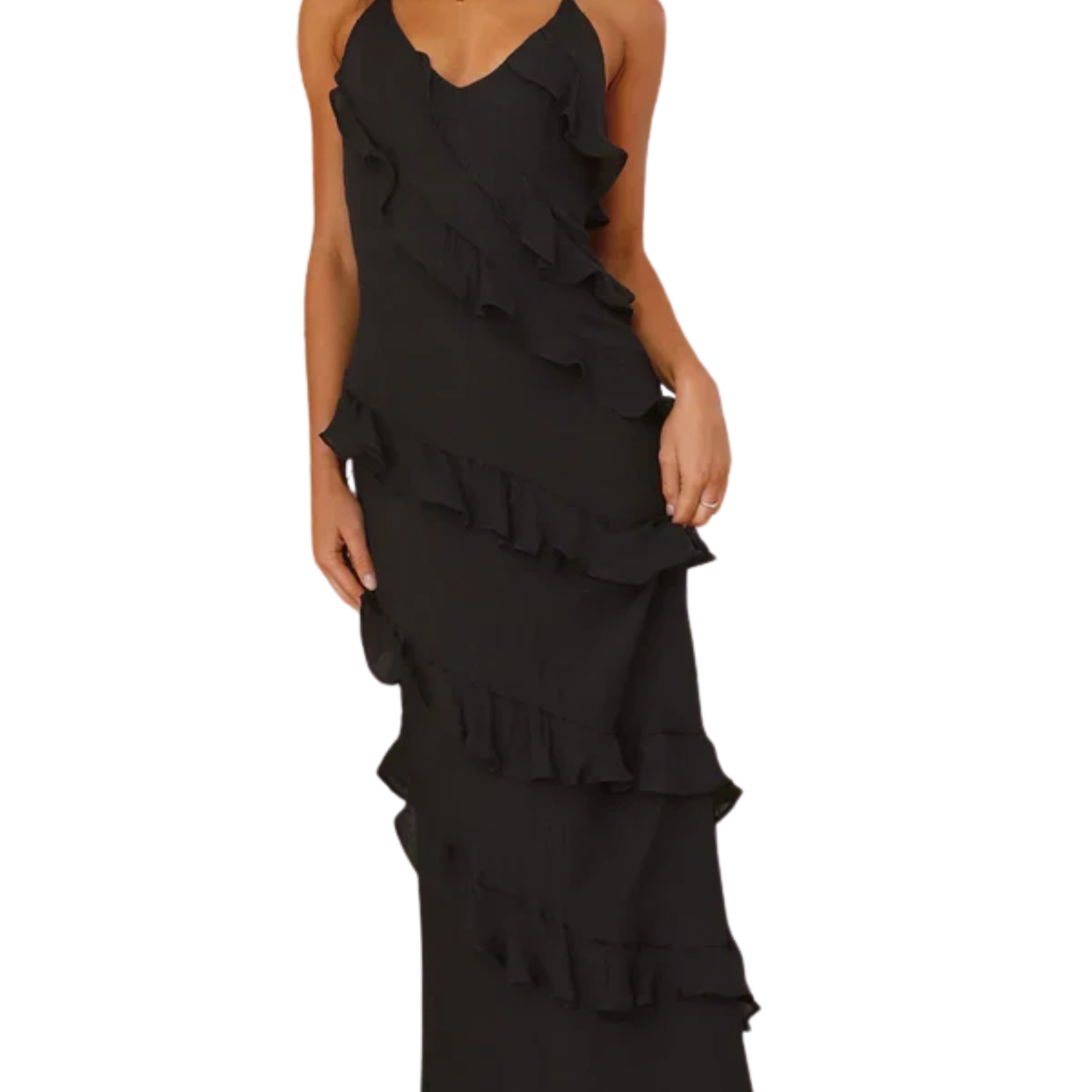 Robe longue à étages femme — col licou V pour soirée et fête — vacances