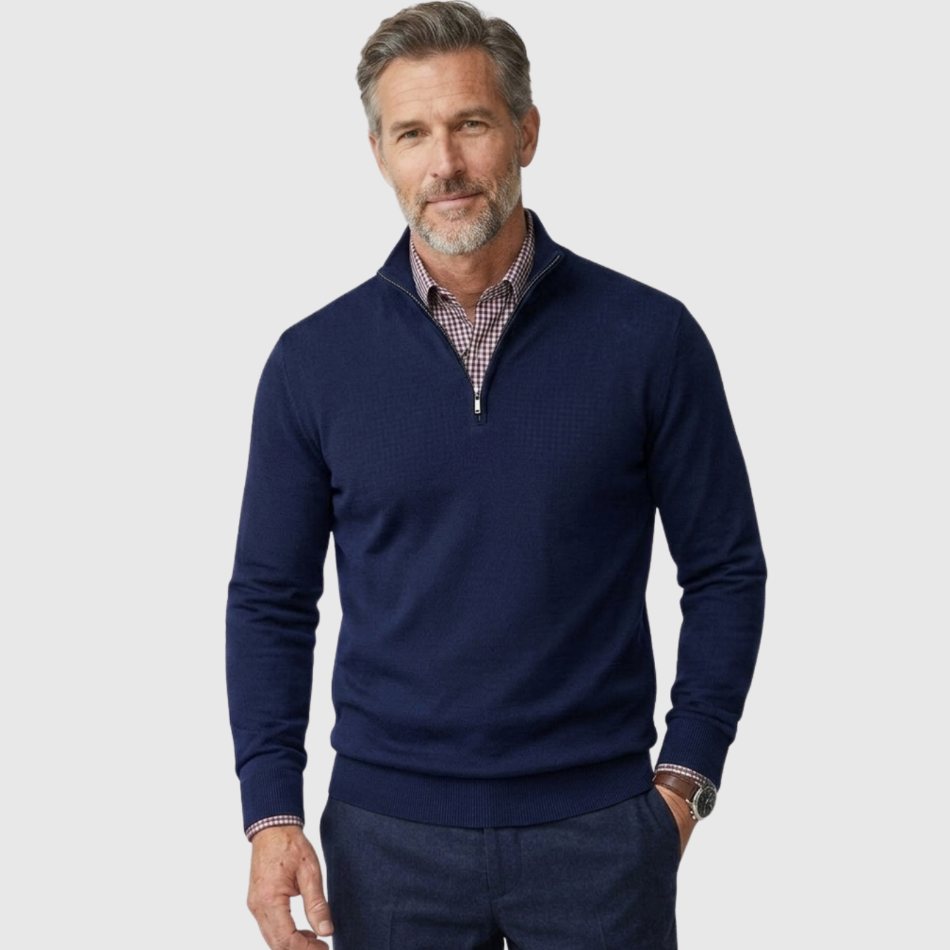 Pull homme col zippé demi-zip manches longues coupe ajustée