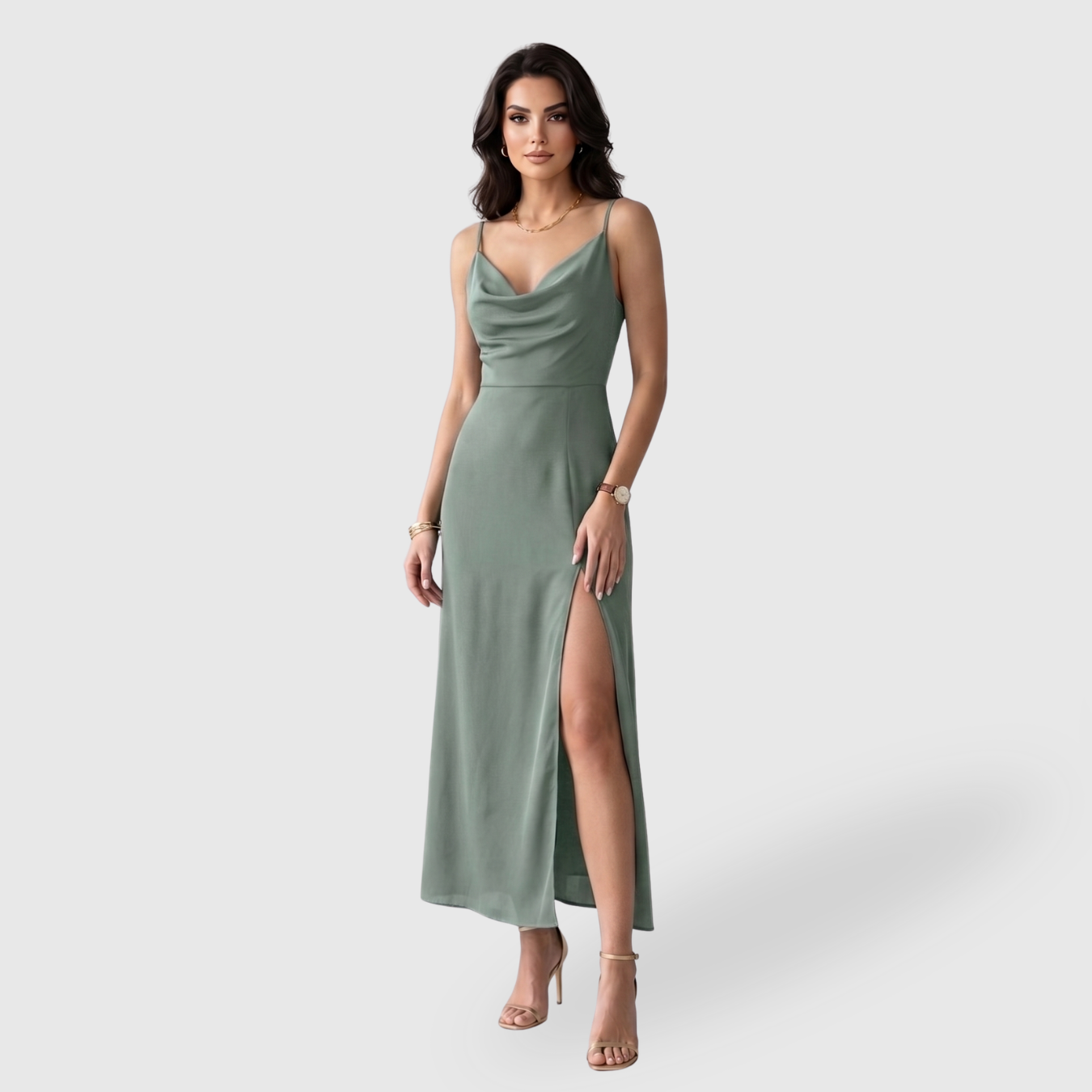 Robe longue femme col V fines bretelles fente jambe coupe ajustée