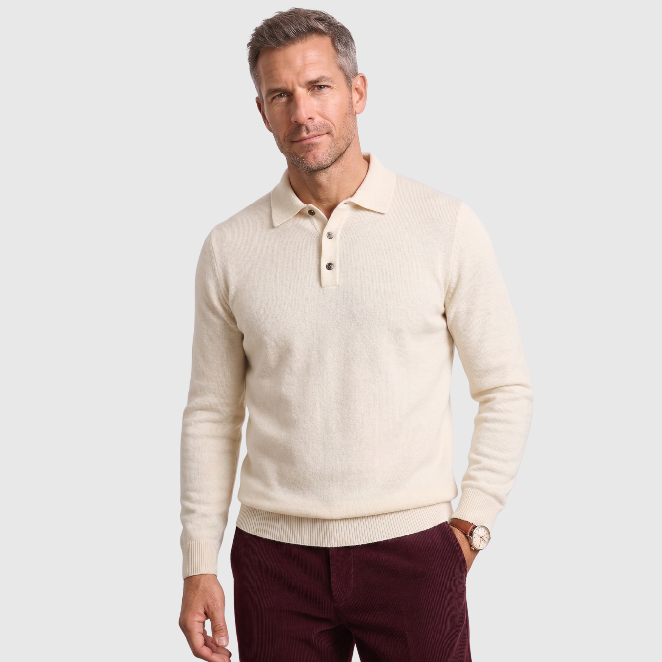 Pull homme col polo laine mérinos manches longues coupe ajustée
