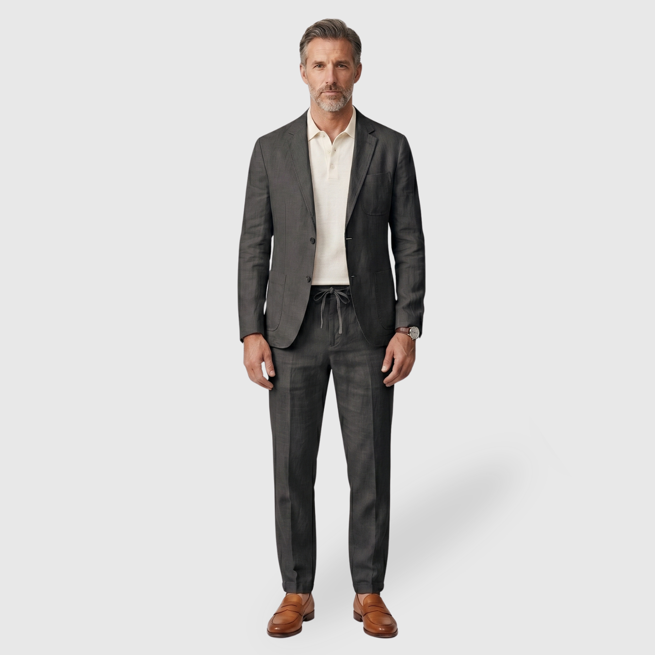 Costume homme lin mélange deux pièces blazer pantalon cordon