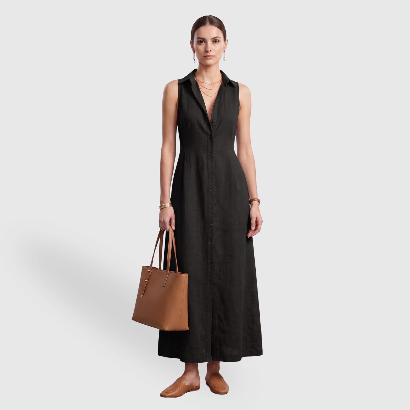 Robe chemise longue femme sans manches mélange lin boutonnée