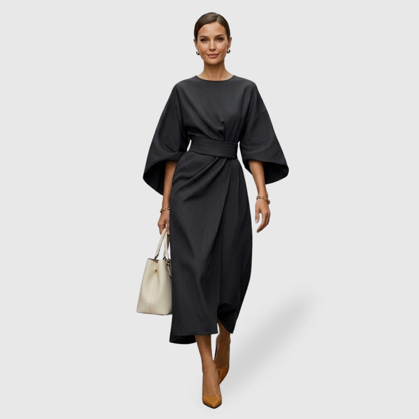 Robe femme manches lanternes coupe fluide élégante mi-longue